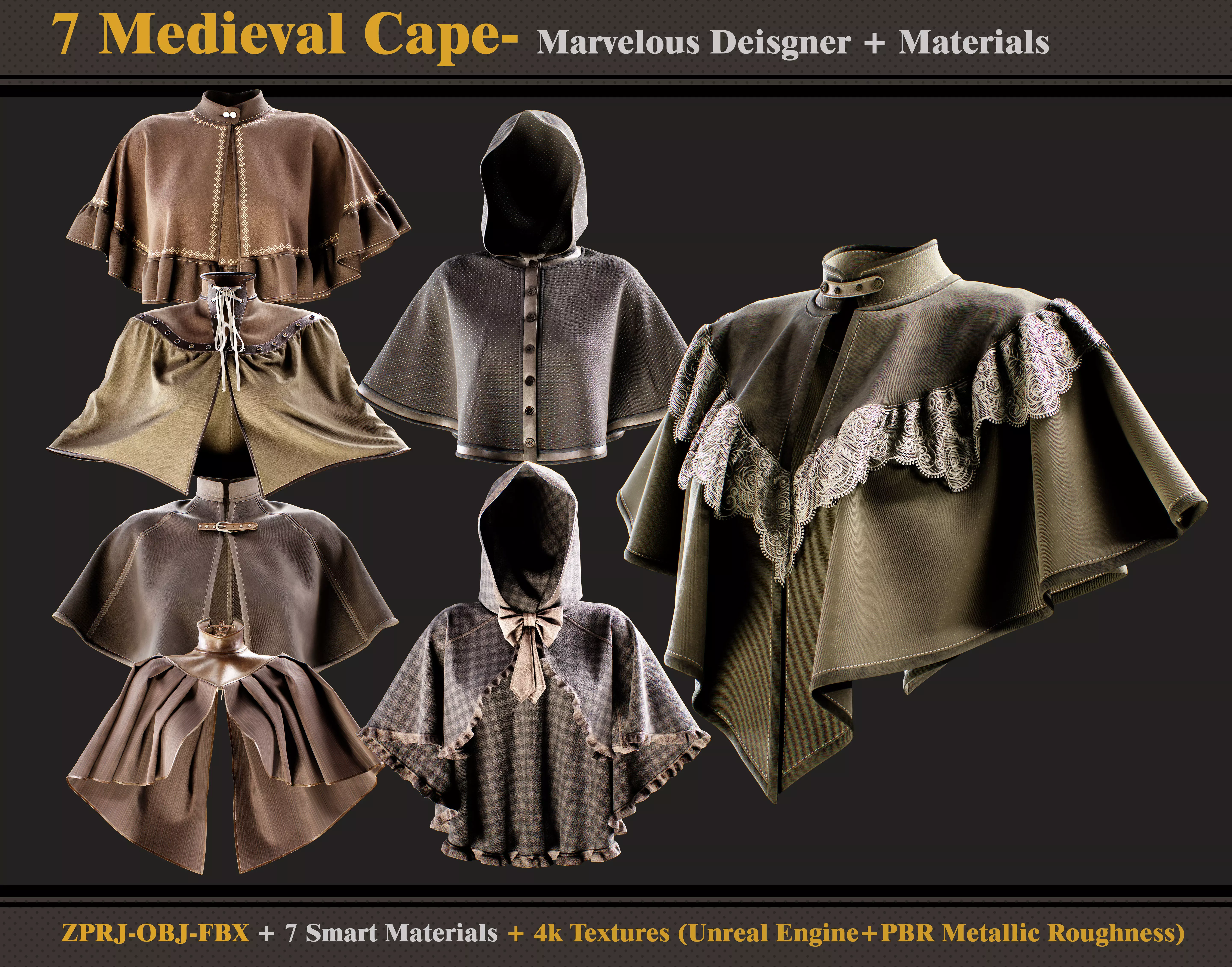 7 Medieval Capes Models nad materials and textures 3D model
