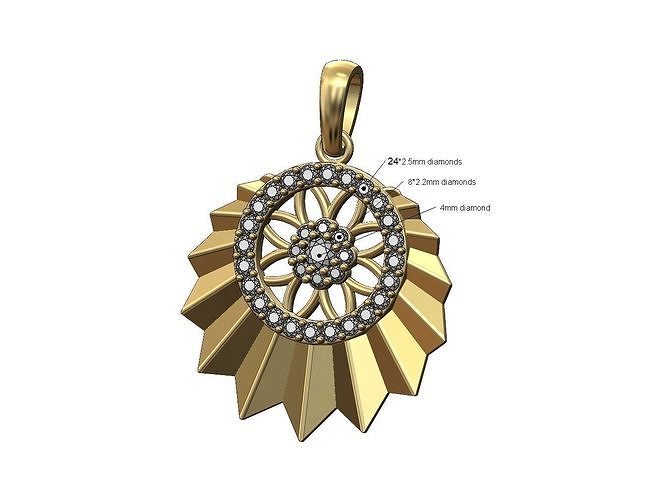 Diamond cluster and halo sunburst faceted pendant with bail 3D print model