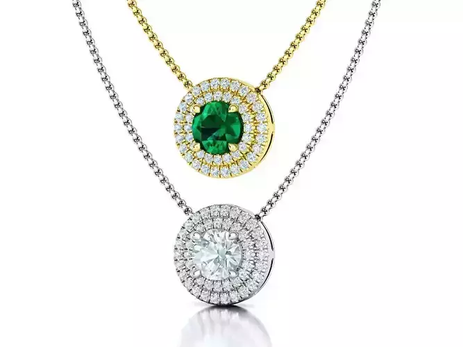 Diamond Round Pendant Double Halo 1ct stone Necklace 12mm wide 3D print model