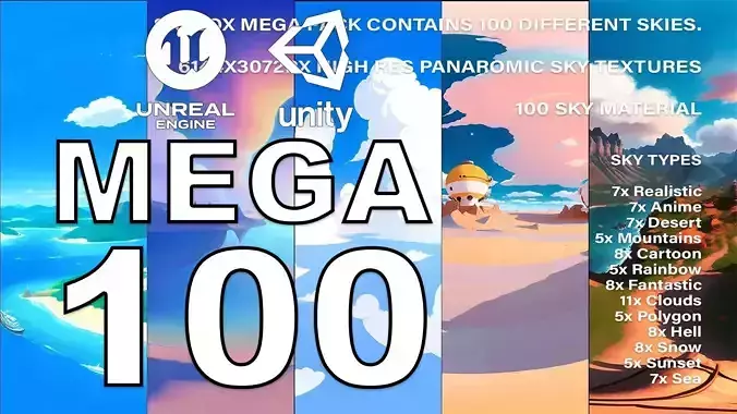 Skybox MEGA 100 Pack Cartoon Stylized Landscape  Cloud sky Unity Texture