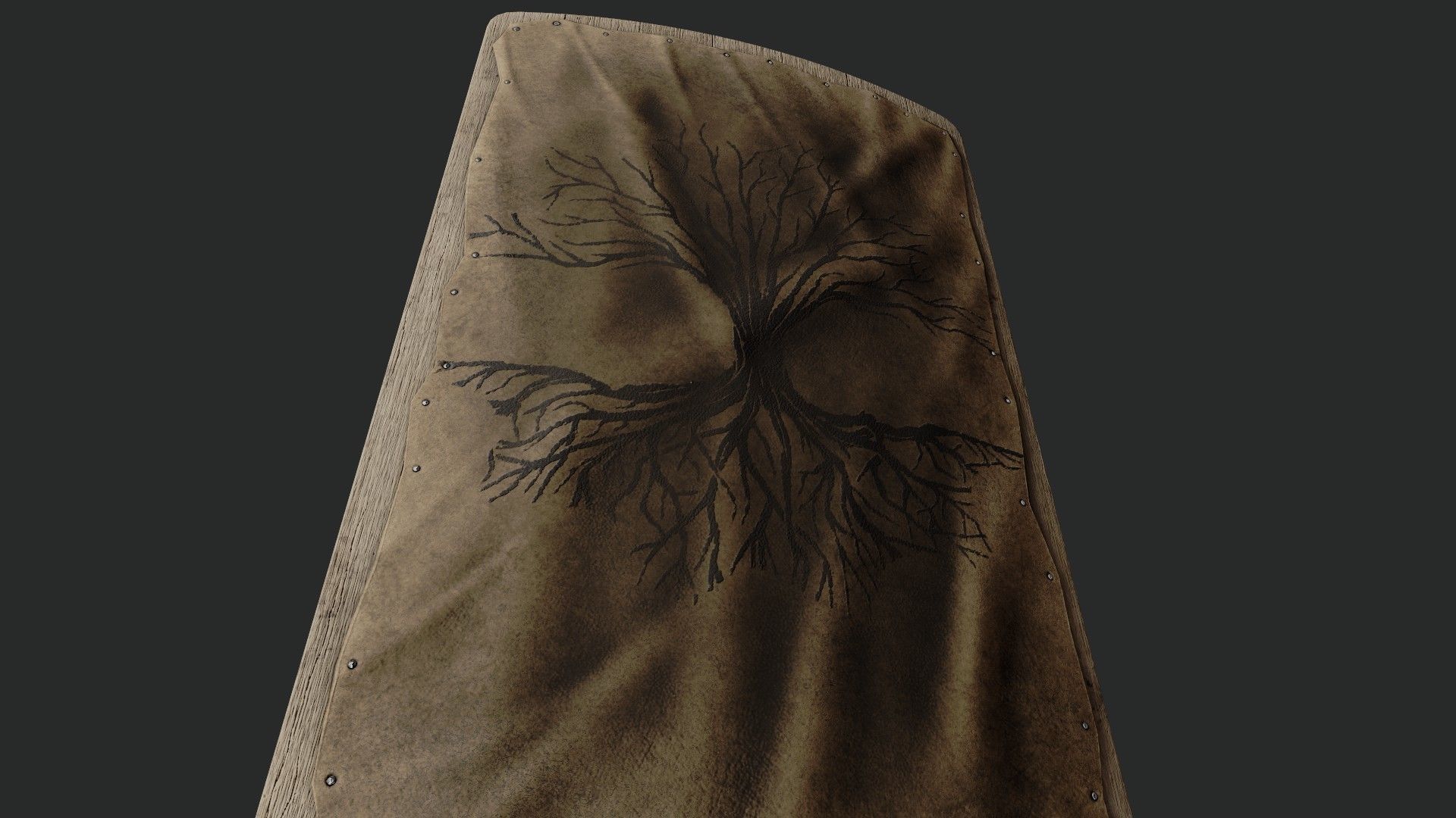 Slavic square leather shield-painted black trees symbol Low-poly 3D model_4