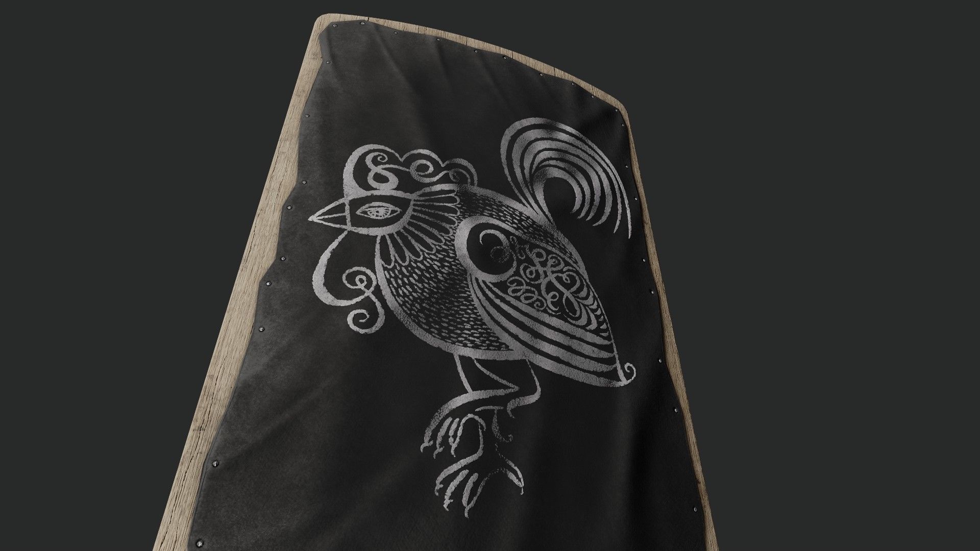 Slavic square leather shield-painted black with  rooster symbol Low-poly 3D model_4