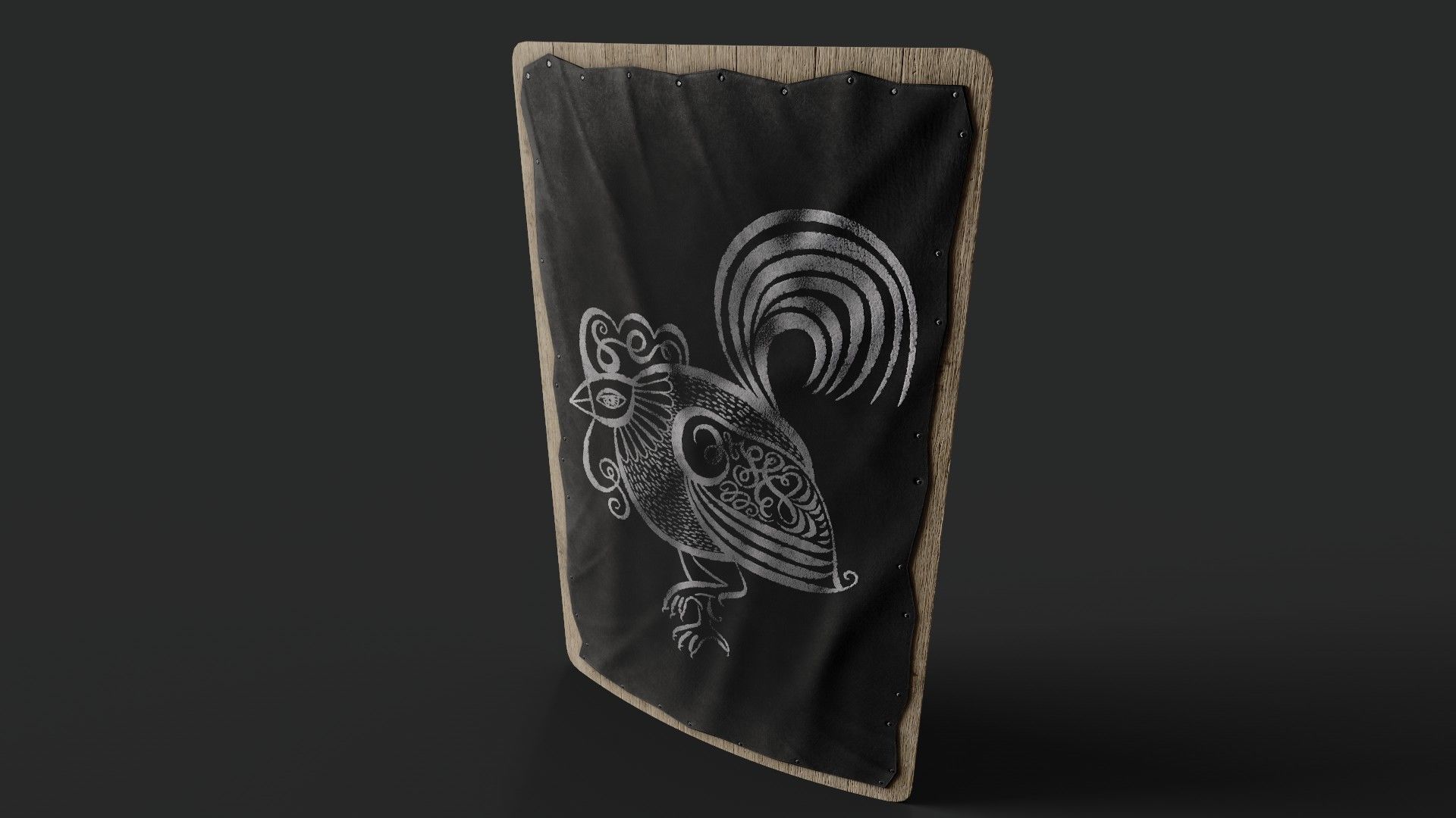 Slavic square leather shield-painted black with  rooster symbol Low-poly 3D model_5
