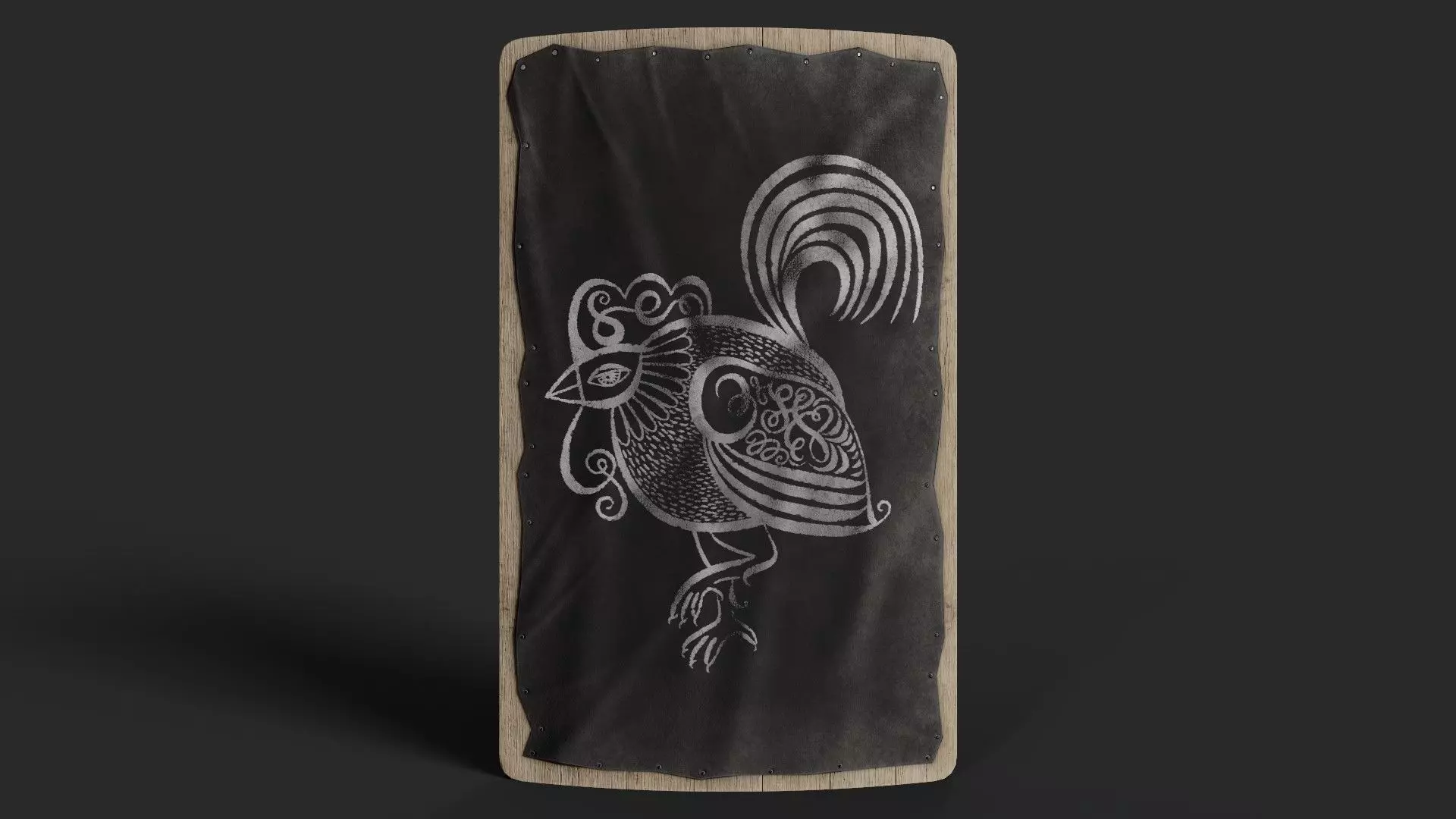 Slavic square leather shield-painted black with  rooster symbol Low-poly 3D model_0