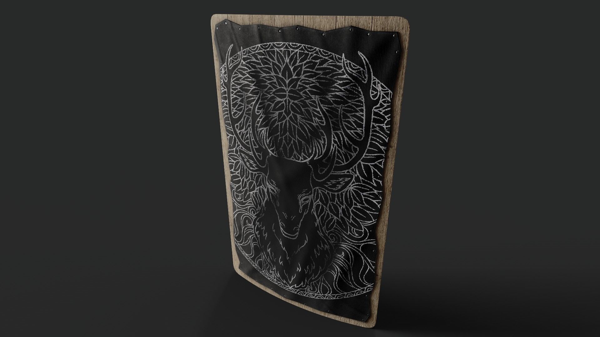 Slavic square leather shield-painted black with  deer symbol Low-poly 3D model_5