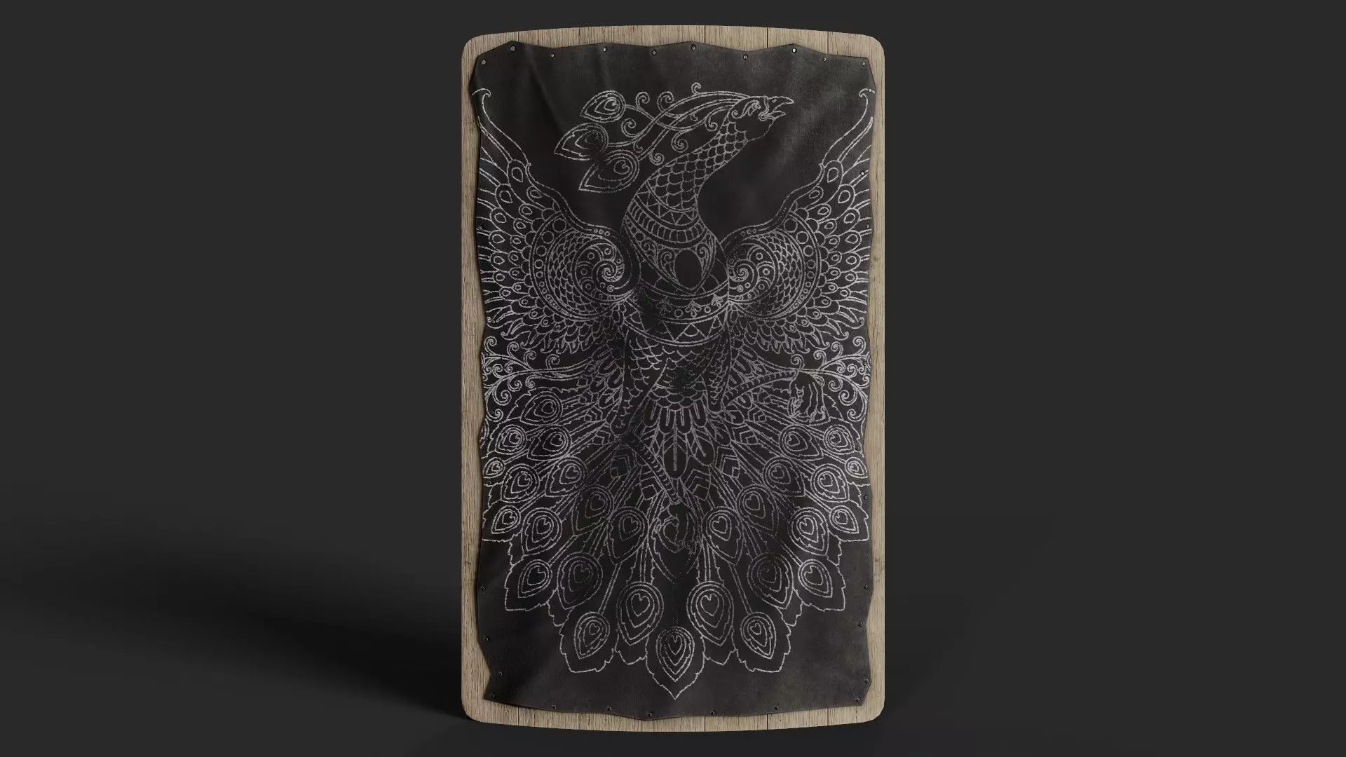 Slavic square leather shield-painted black with  pheasant symbol Low-poly 3D model_0