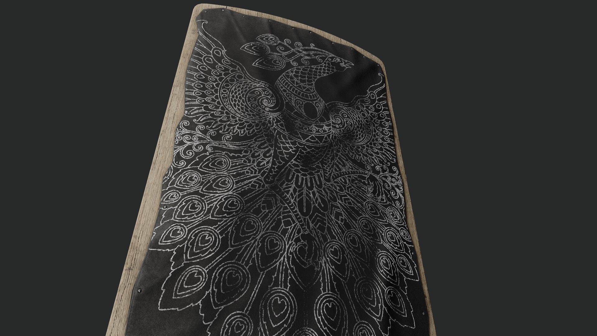 Slavic square leather shield-painted black with  pheasant symbol Low-poly 3D model_4