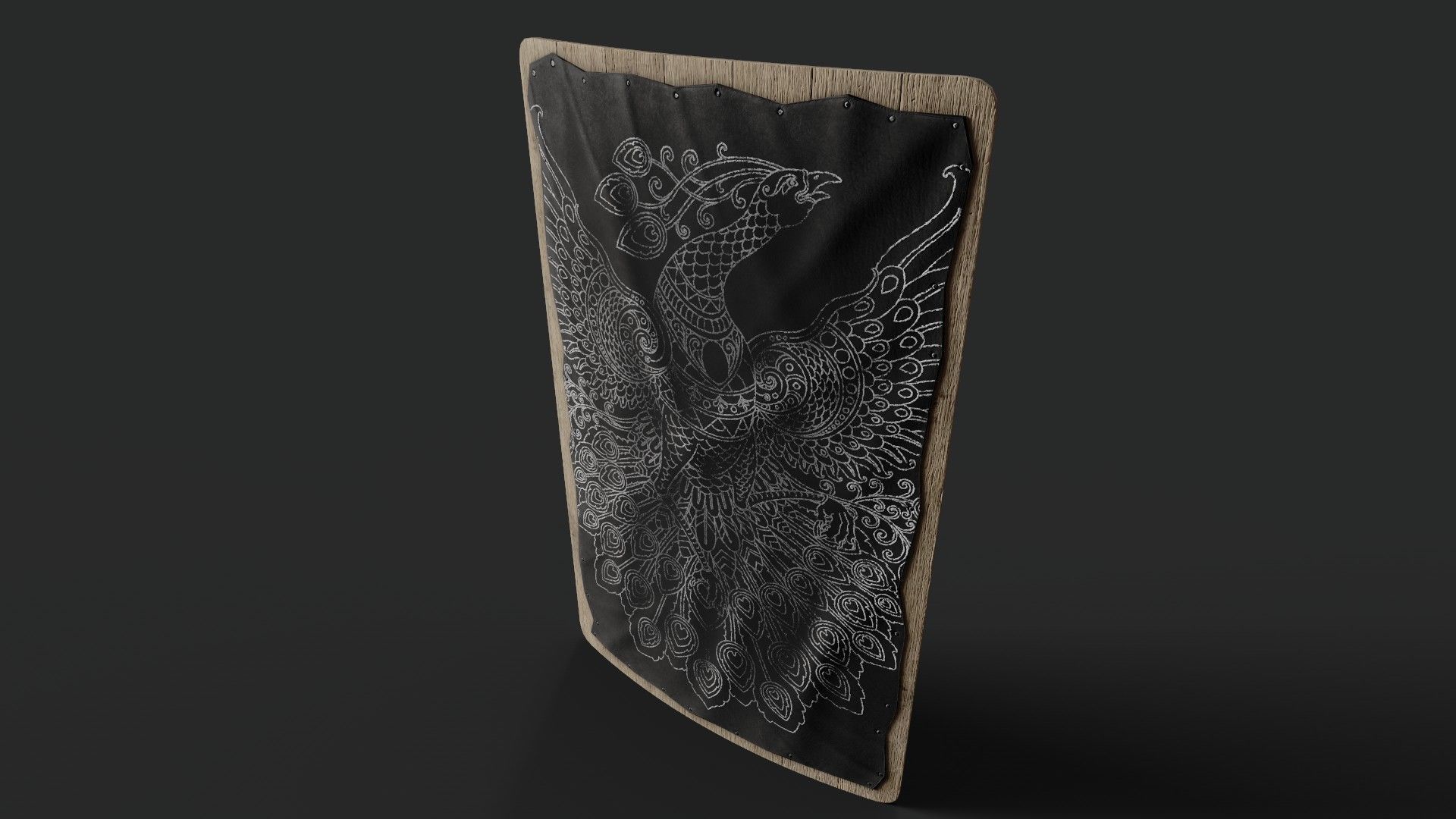 Slavic square leather shield-painted black with  pheasant symbol Low-poly 3D model_5