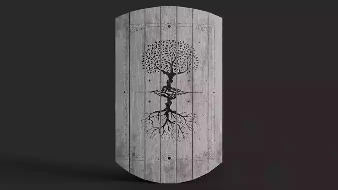 Slavic square wooden shield-painted white with trees symbol Low-poly 3D model