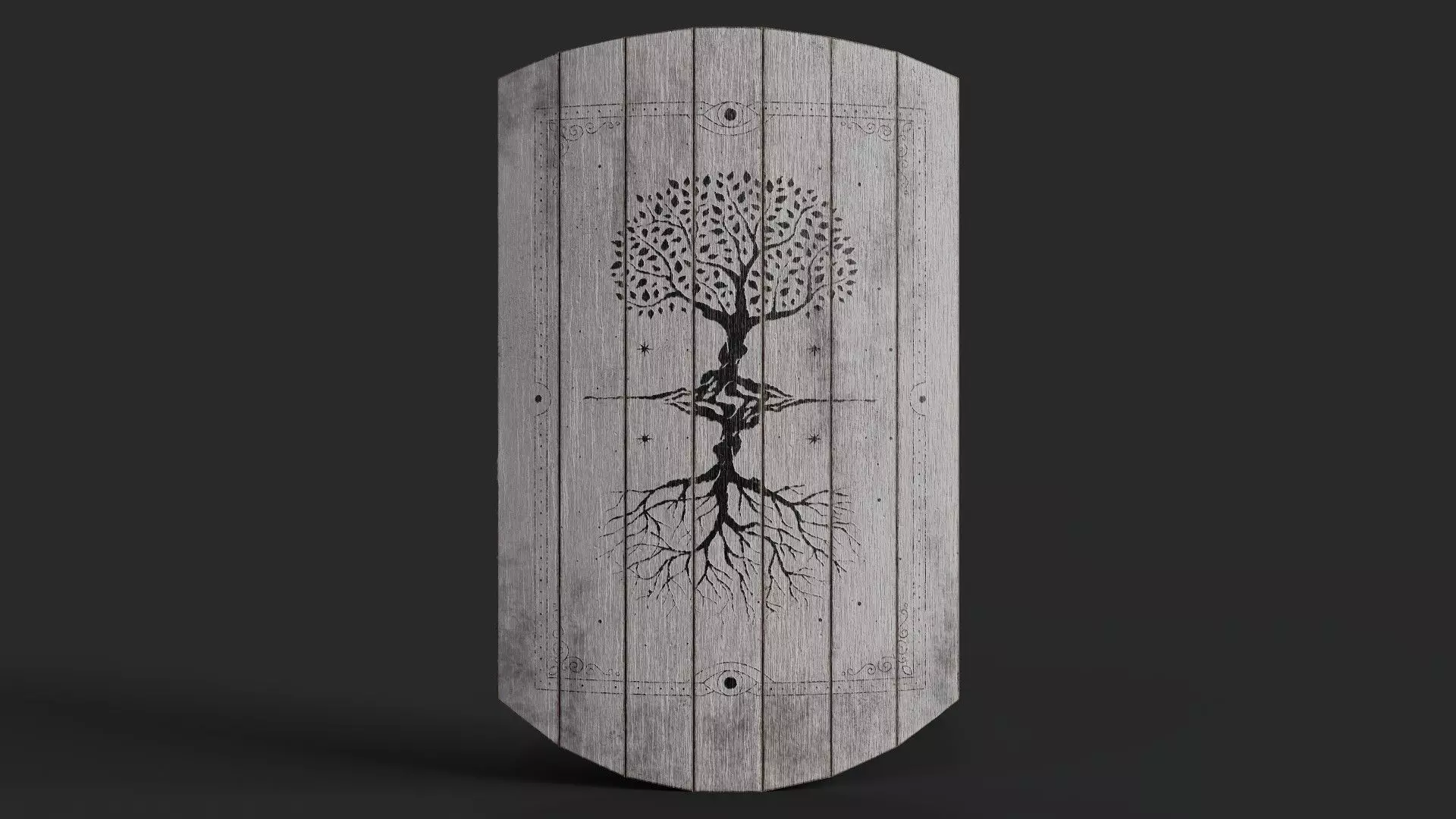 Slavic square wooden shield-painted white with trees symbol Low-poly 3D model_0