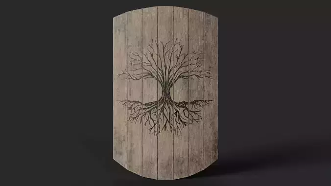 Slavic square wooden shield-painted black tree symbol Low-poly 3D model