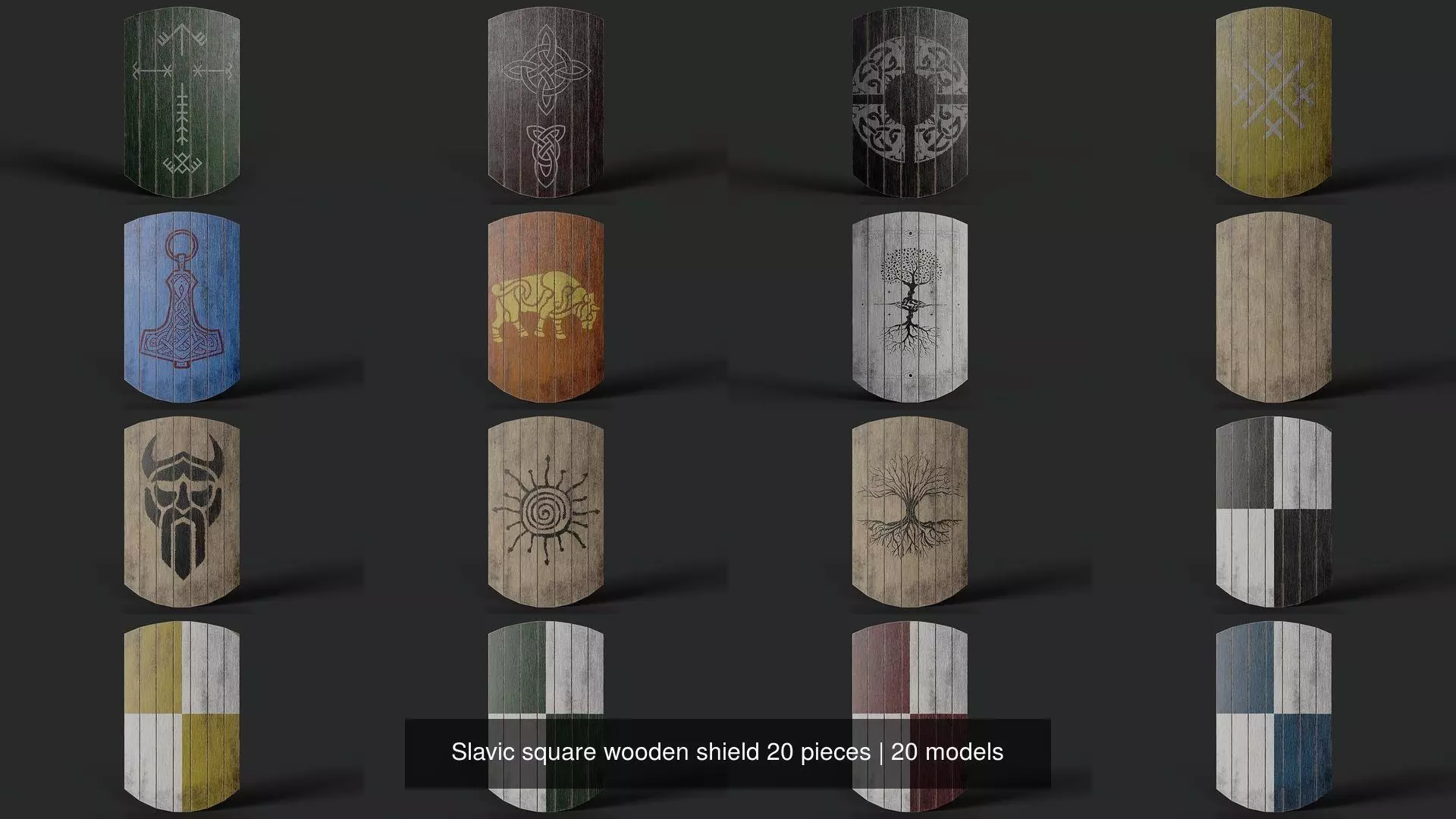 Slavic square wooden shield 20 pieces 3D Model Collection_1