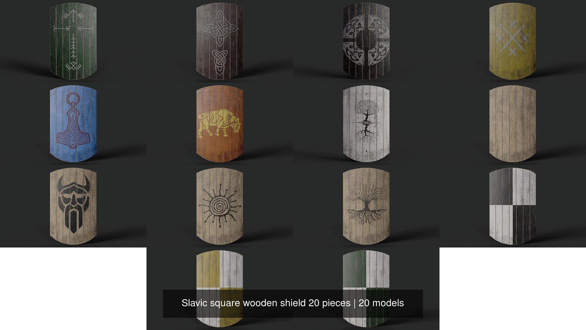 Slavic square wooden shield 20 pieces 3D Model Collection_2