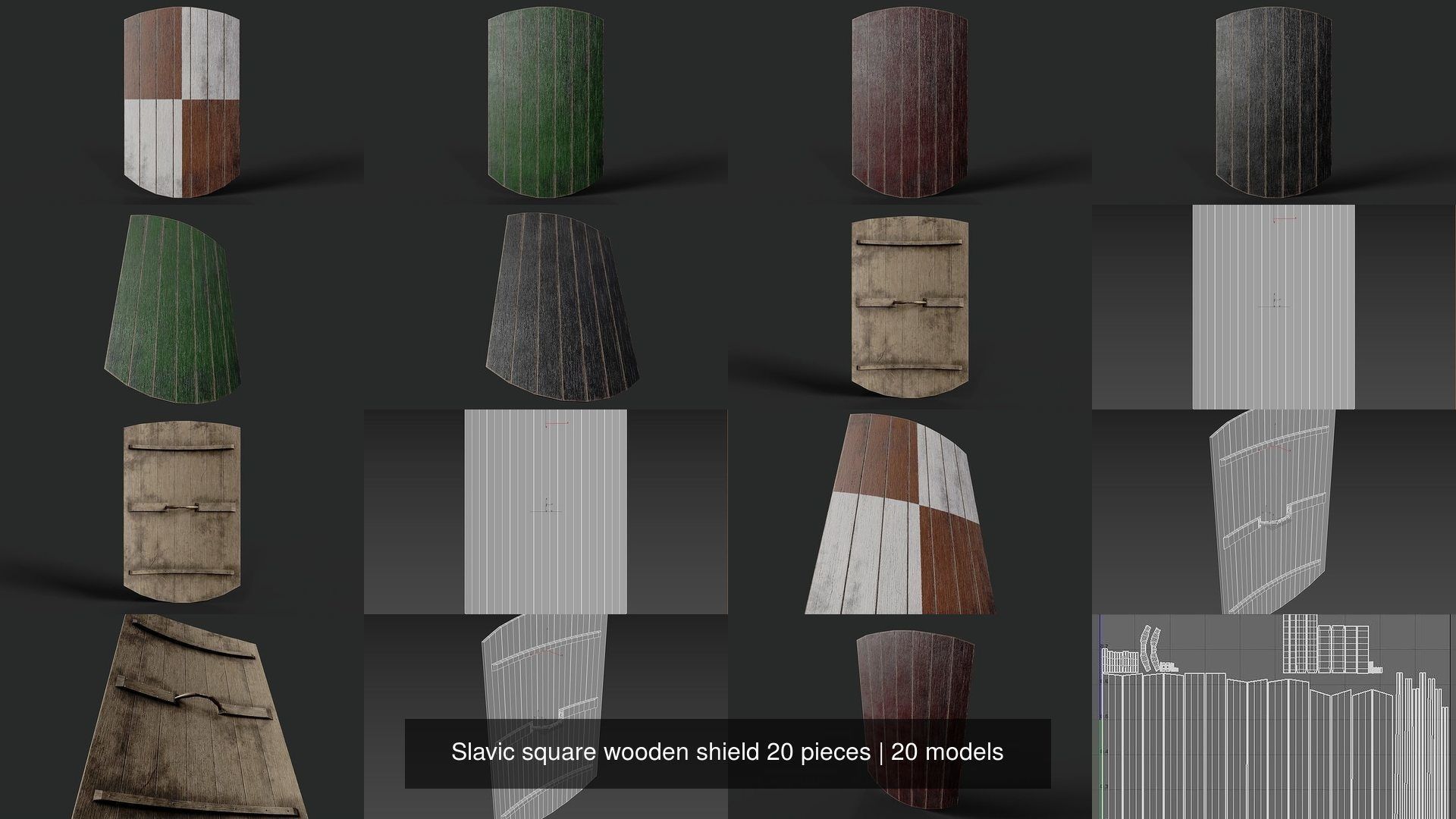 Slavic square wooden shield 20 pieces 3D Model Collection_5