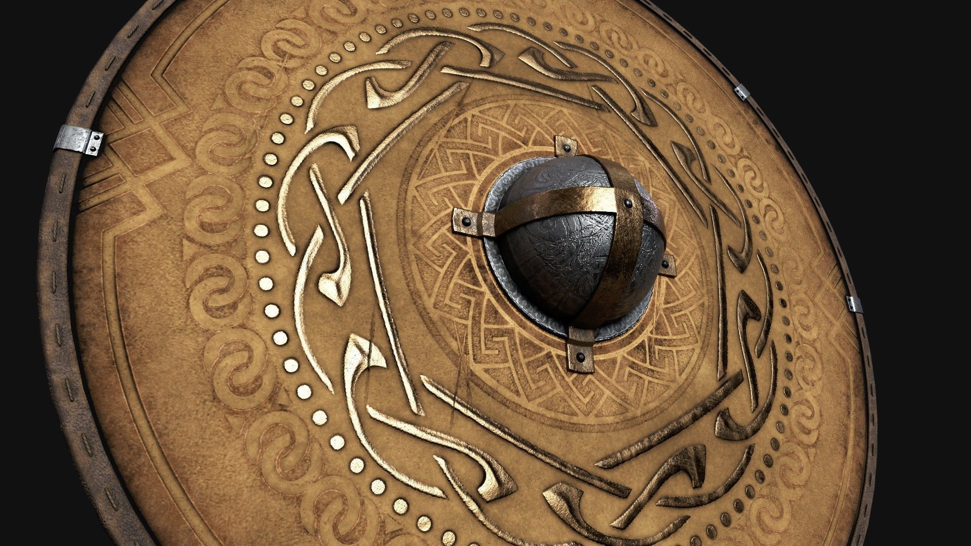 Slavic round leather shield-golden nordic symbol Low-poly 3D model_4