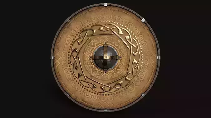 Slavic round leather shield-golden nordic symbol Low-poly 3D model