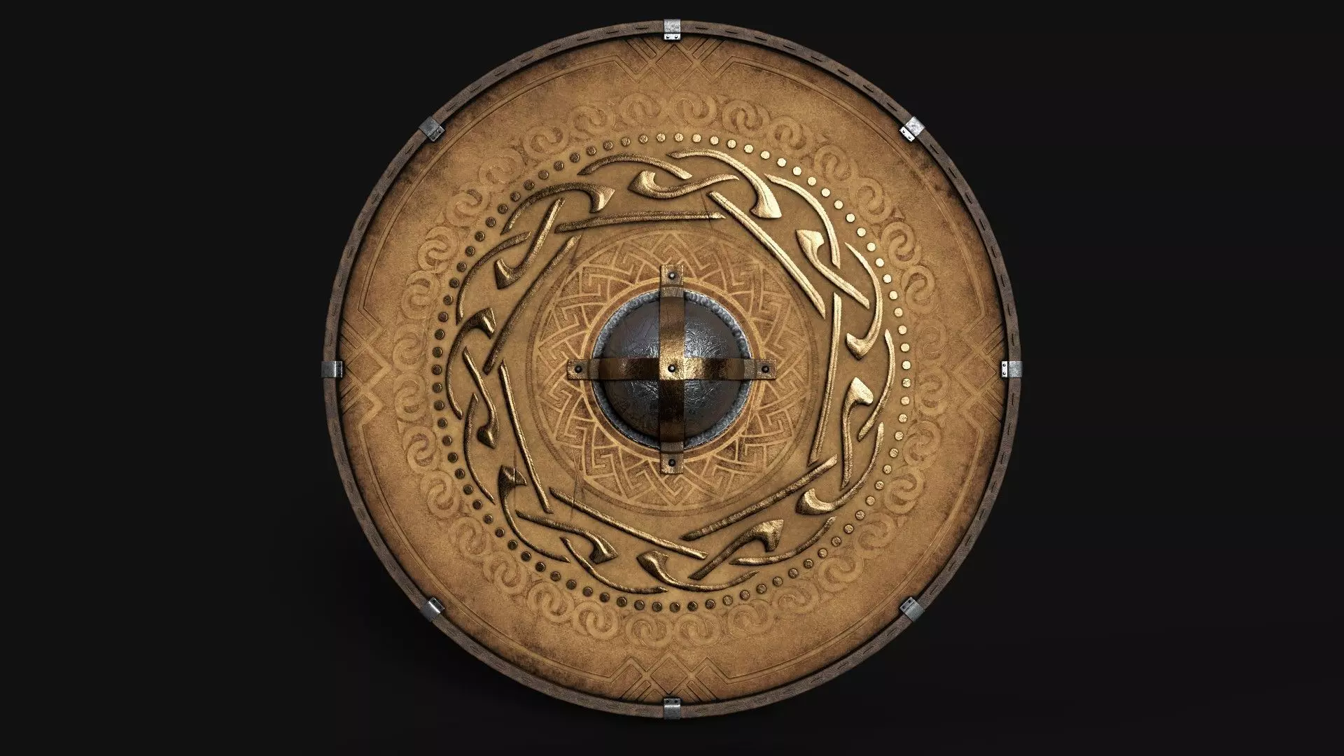 Slavic round leather shield-golden nordic symbol Low-poly 3D model_0