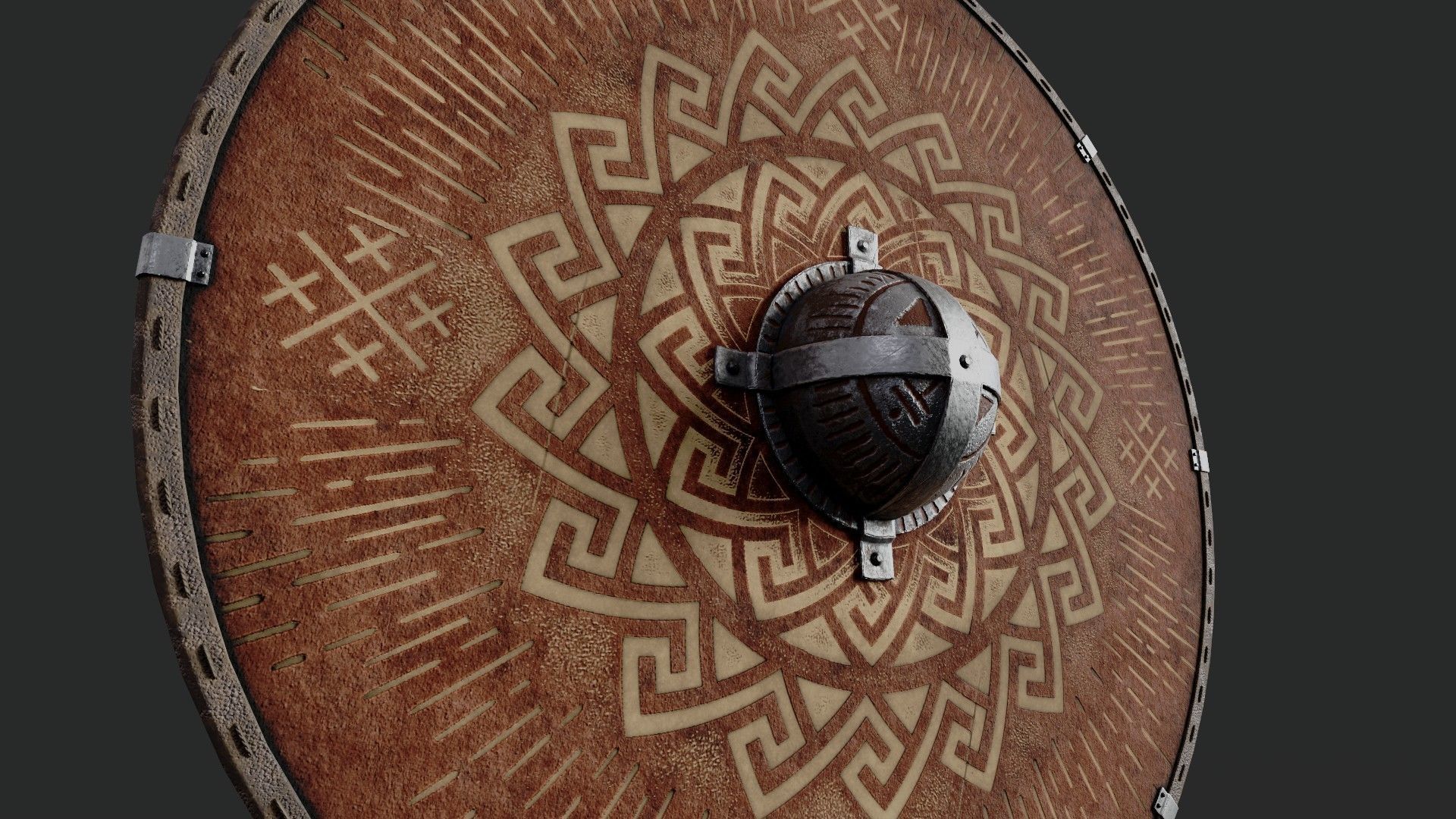 Slavic round leather shield-painted red with nordic symbol Low-poly 3D model_4