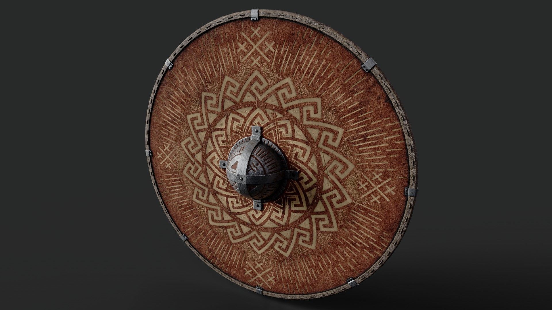 Slavic round leather shield-painted red with nordic symbol Low-poly 3D model_5