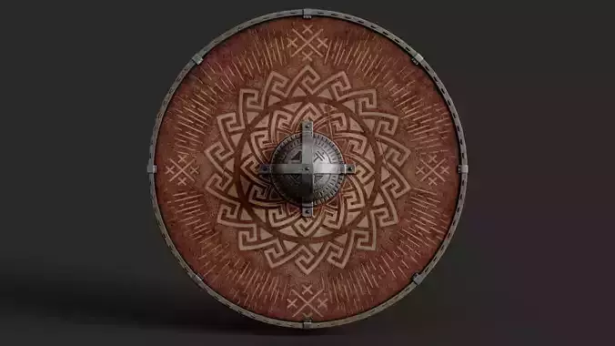 Slavic round leather shield-painted red with nordic symbol Low-poly 3D model