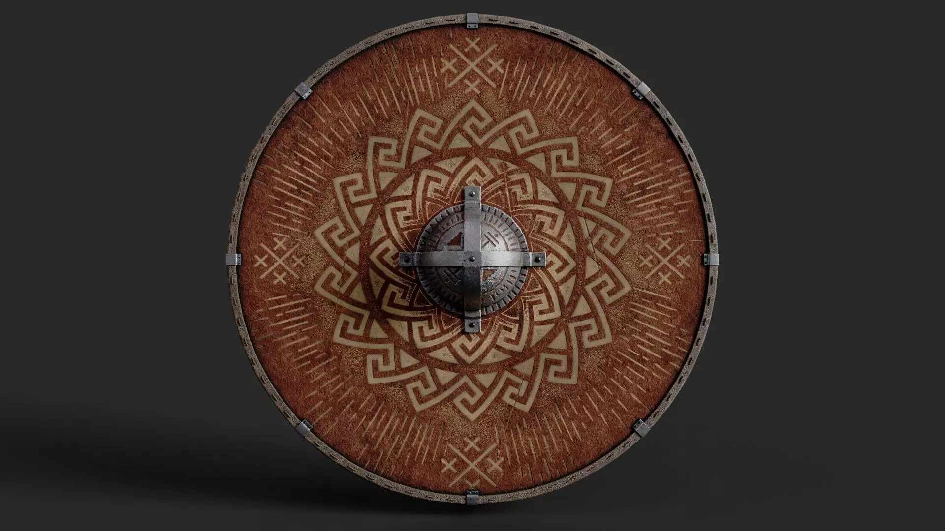 Slavic round leather shield-painted red with nordic symbol Low-poly 3D model_0