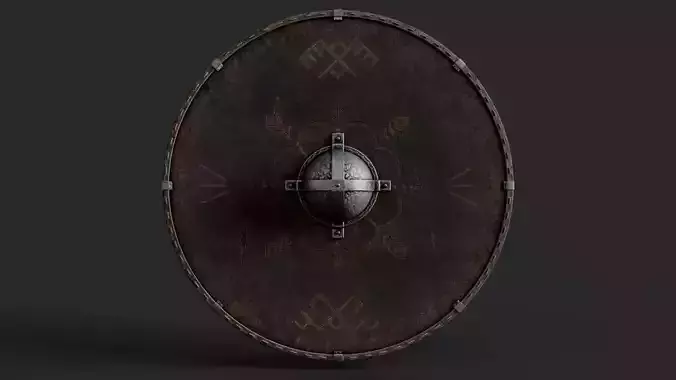 Slavic round leather shield-painted black with pagan symbol Low-poly 3D model