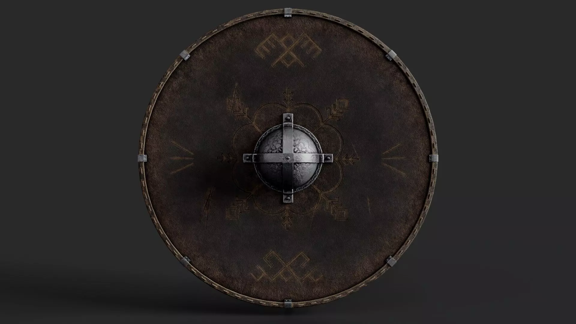 Slavic round leather shield-painted black with pagan symbol Low-poly 3D model_0