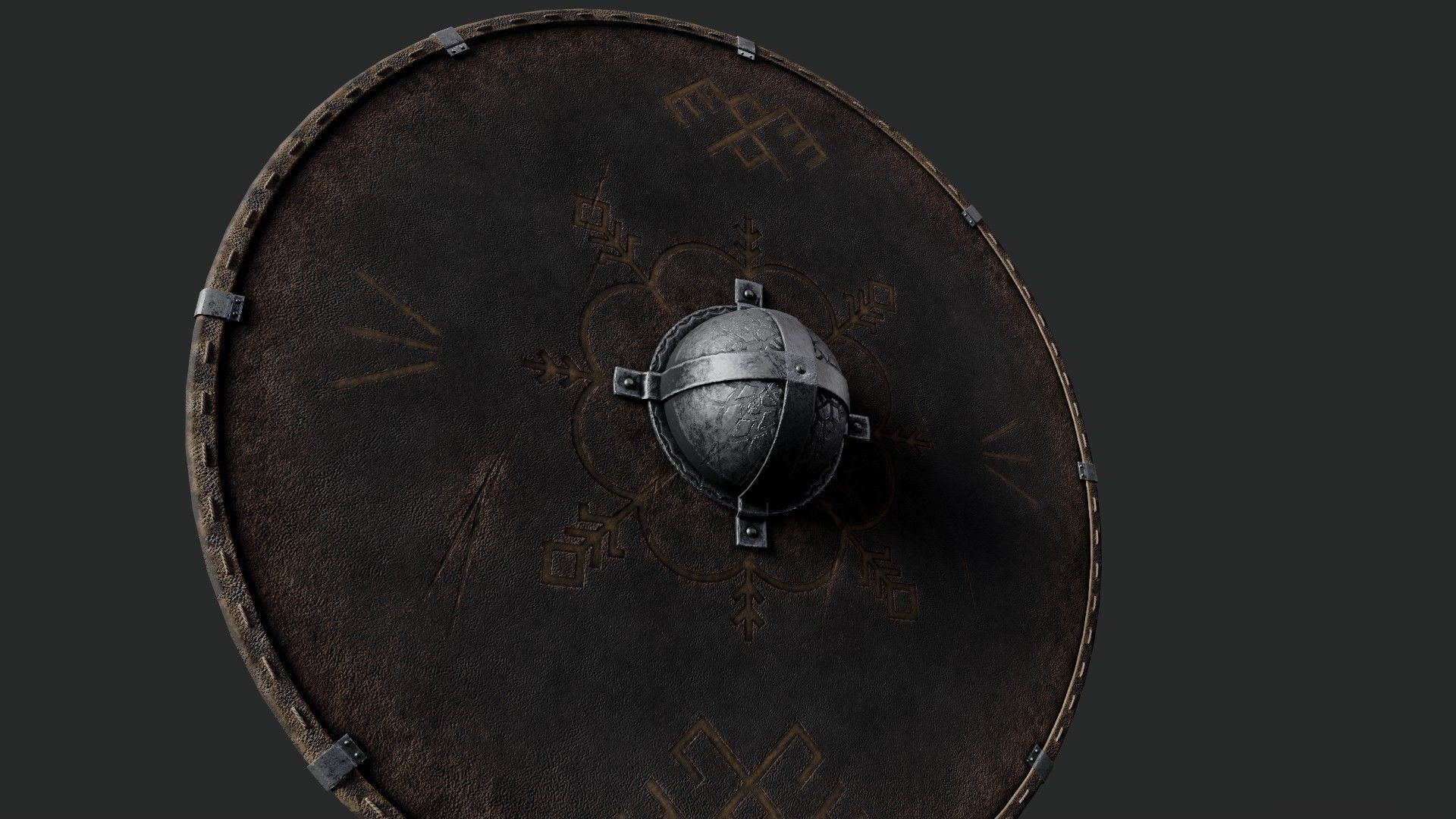 Slavic round leather shield-painted black with pagan symbol Low-poly 3D model_4