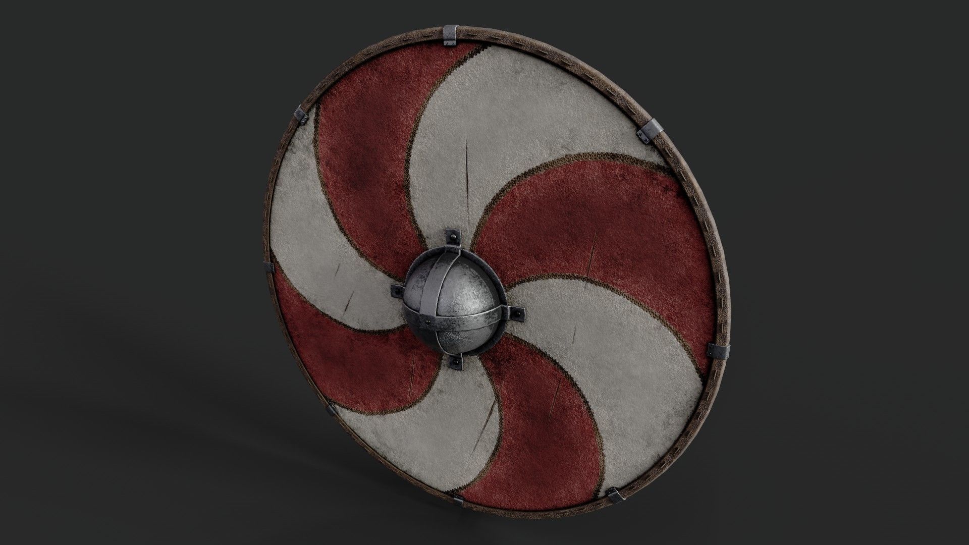Slavic round leather shield-painted red and white sun wheel Low-poly 3D model_5