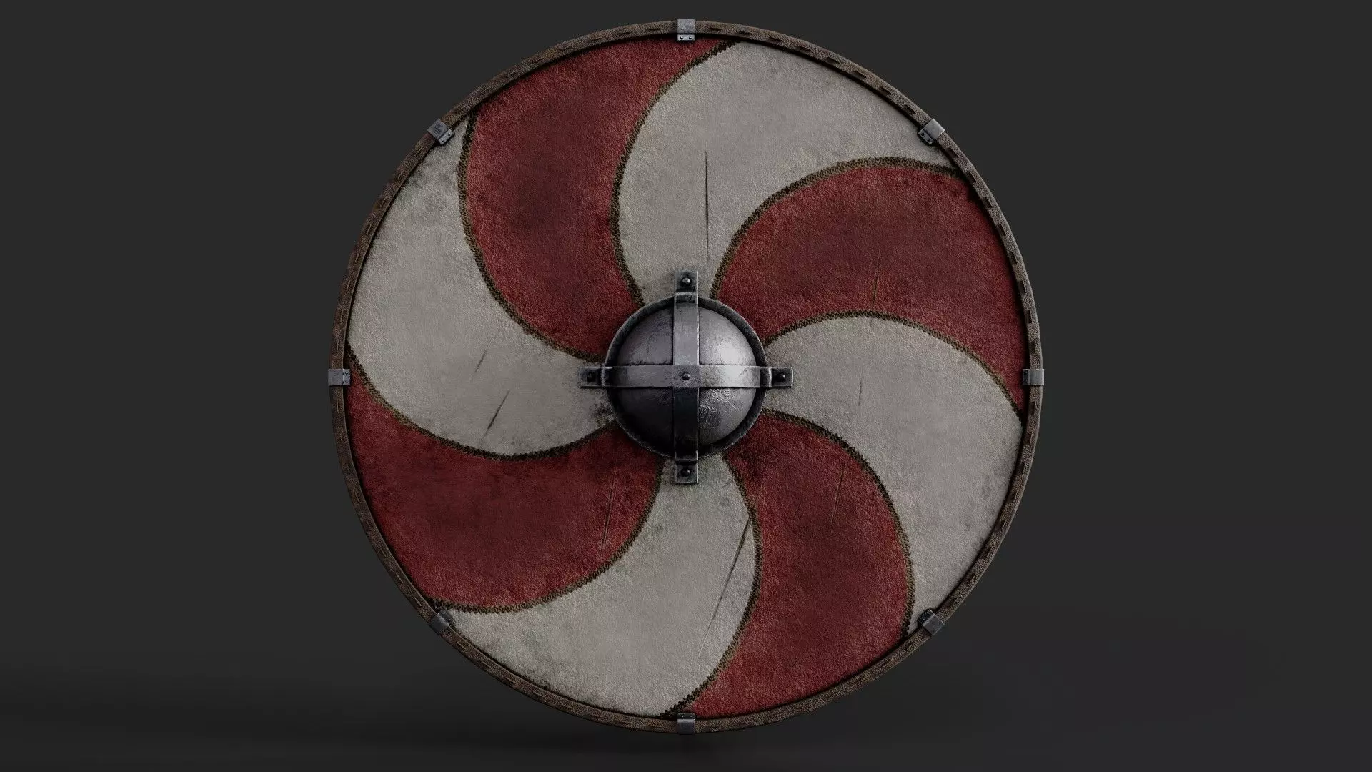 Slavic round leather shield-painted red and white sun wheel Low-poly 3D model_0