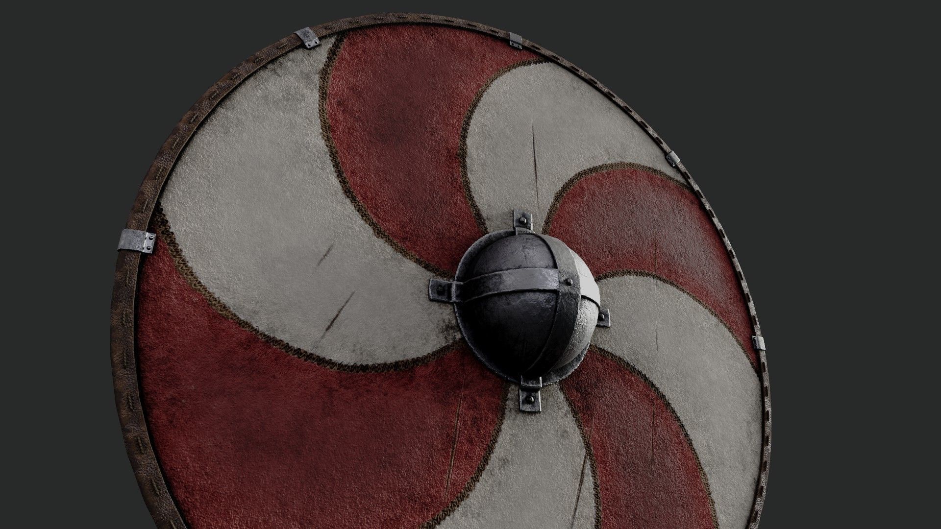 Slavic round leather shield-painted red and white sun wheel Low-poly 3D model_4
