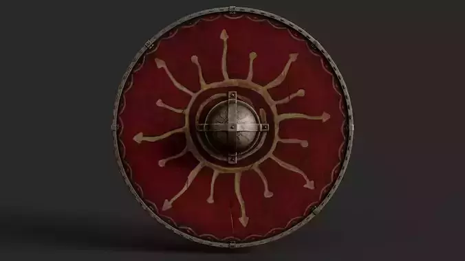 Slavic round leather shield-painted red with Sun symbol Low-poly 3D model