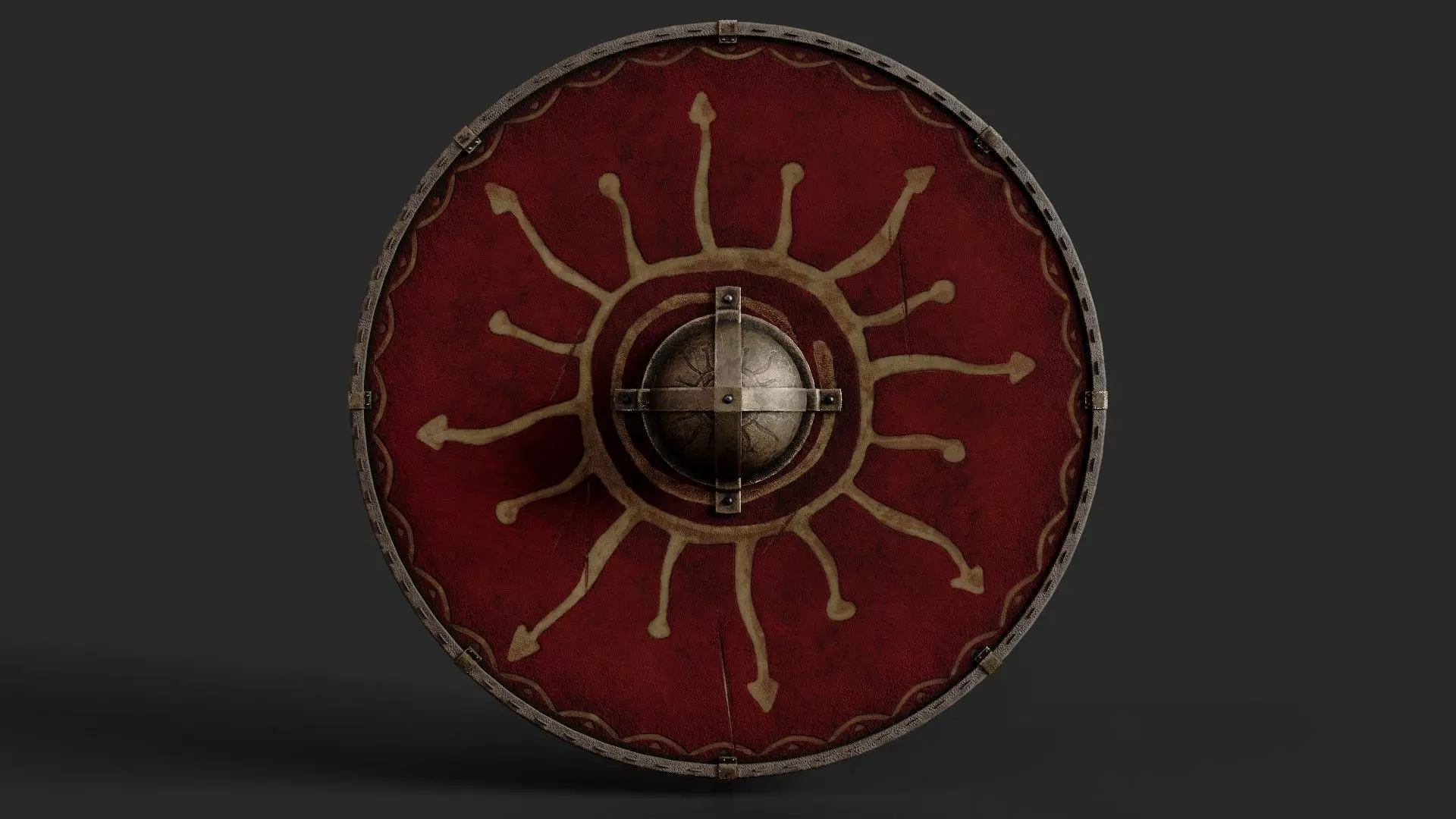 Slavic round leather shield-painted red with Sun symbol Low-poly 3D model_0