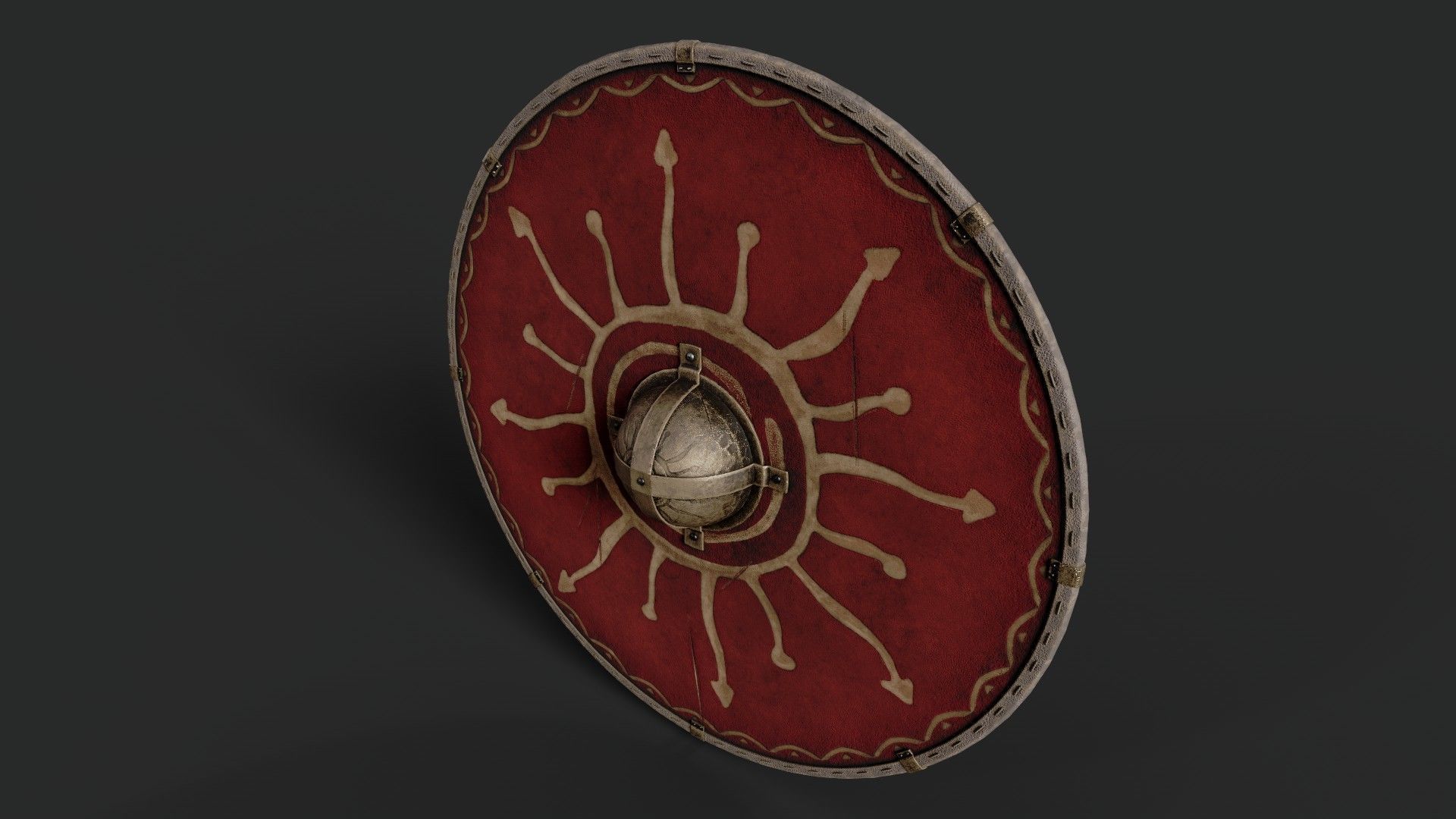 Slavic round leather shield-painted red with Sun symbol Low-poly 3D model_5