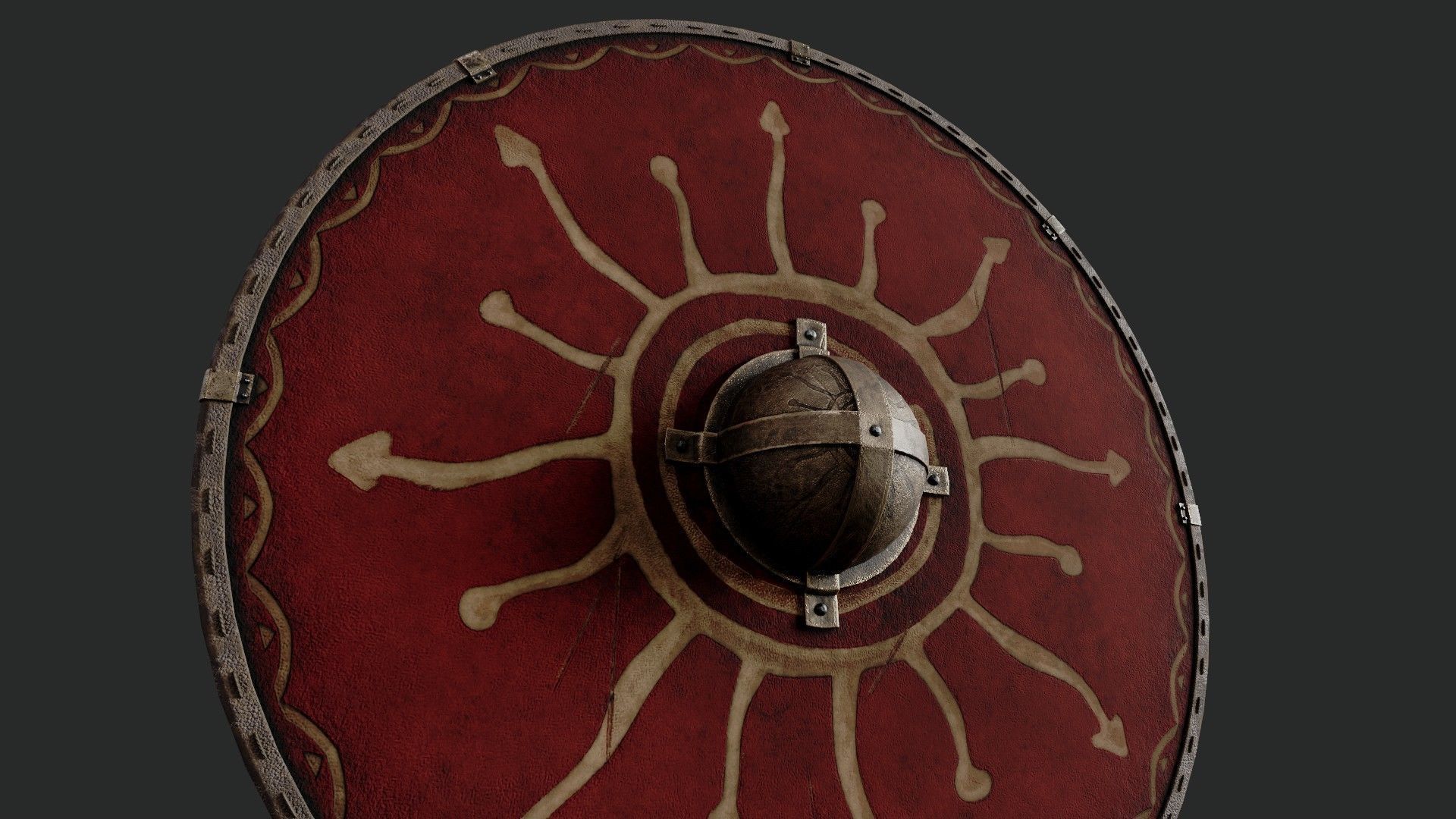 Slavic round leather shield-painted red with Sun symbol Low-poly 3D model_4