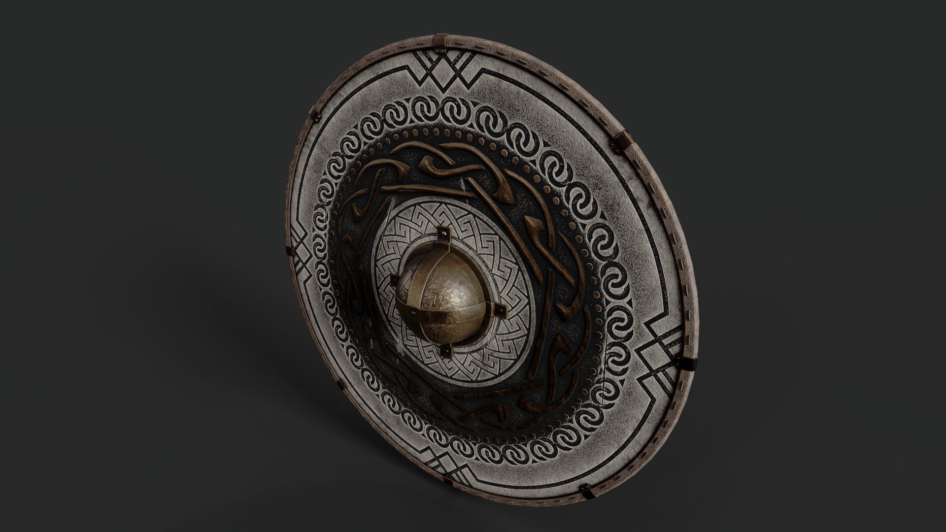 Slavic round leather shield-painted black and white with golden  Low-poly 3D model_5