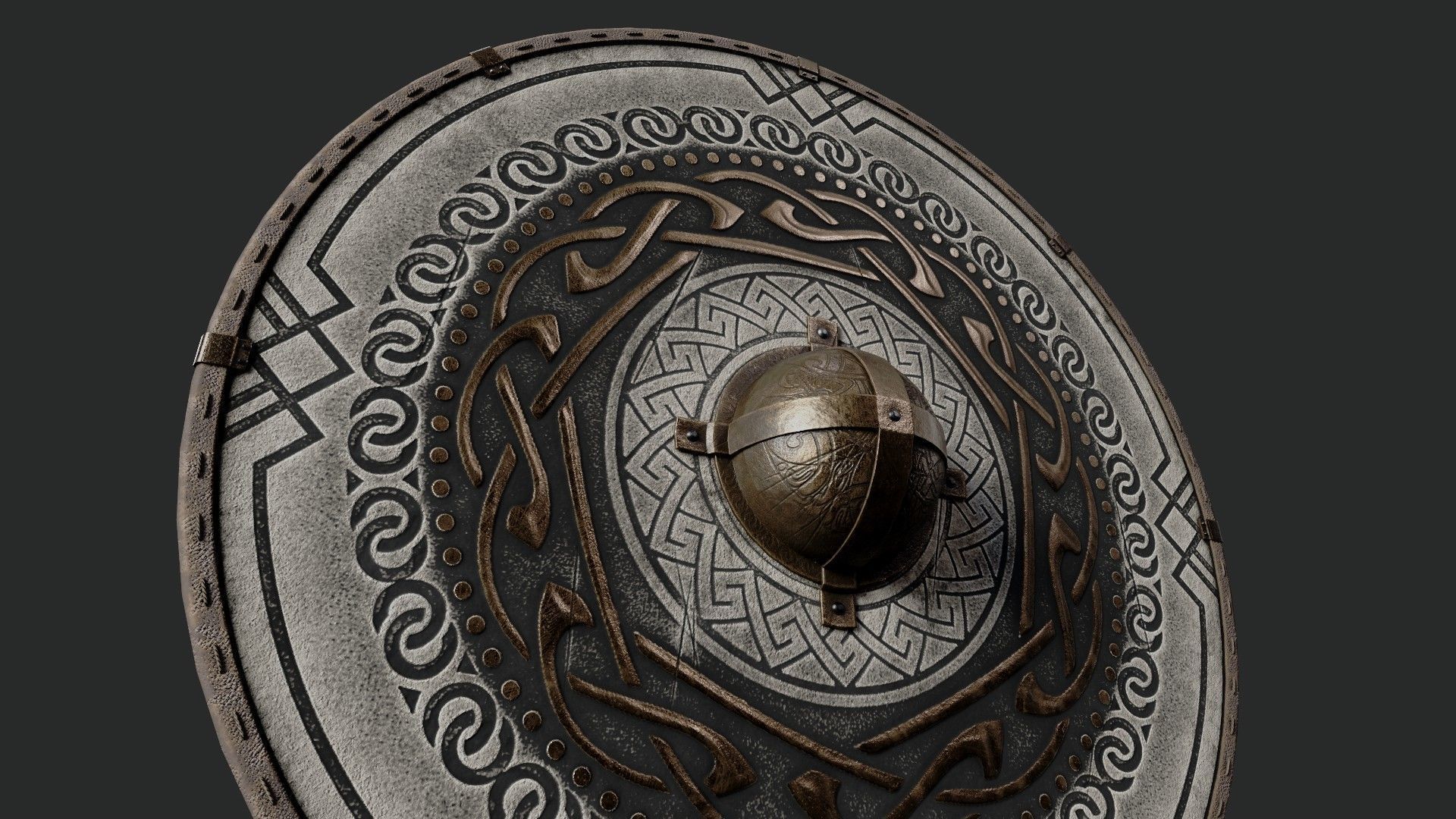 Slavic round leather shield-painted black and white with golden  Low-poly 3D model_4