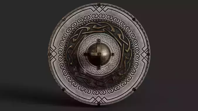 Slavic round leather shield-painted black and white with golden  Low-poly 3D model