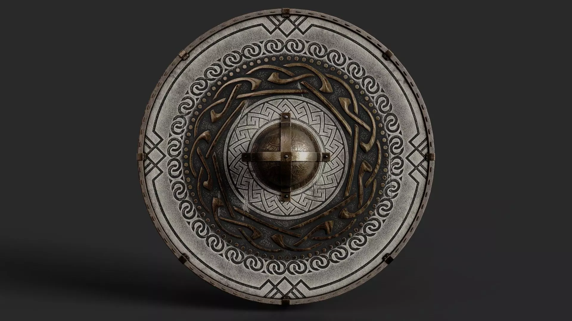 Slavic round leather shield-painted black and white with golden  Low-poly 3D model_0