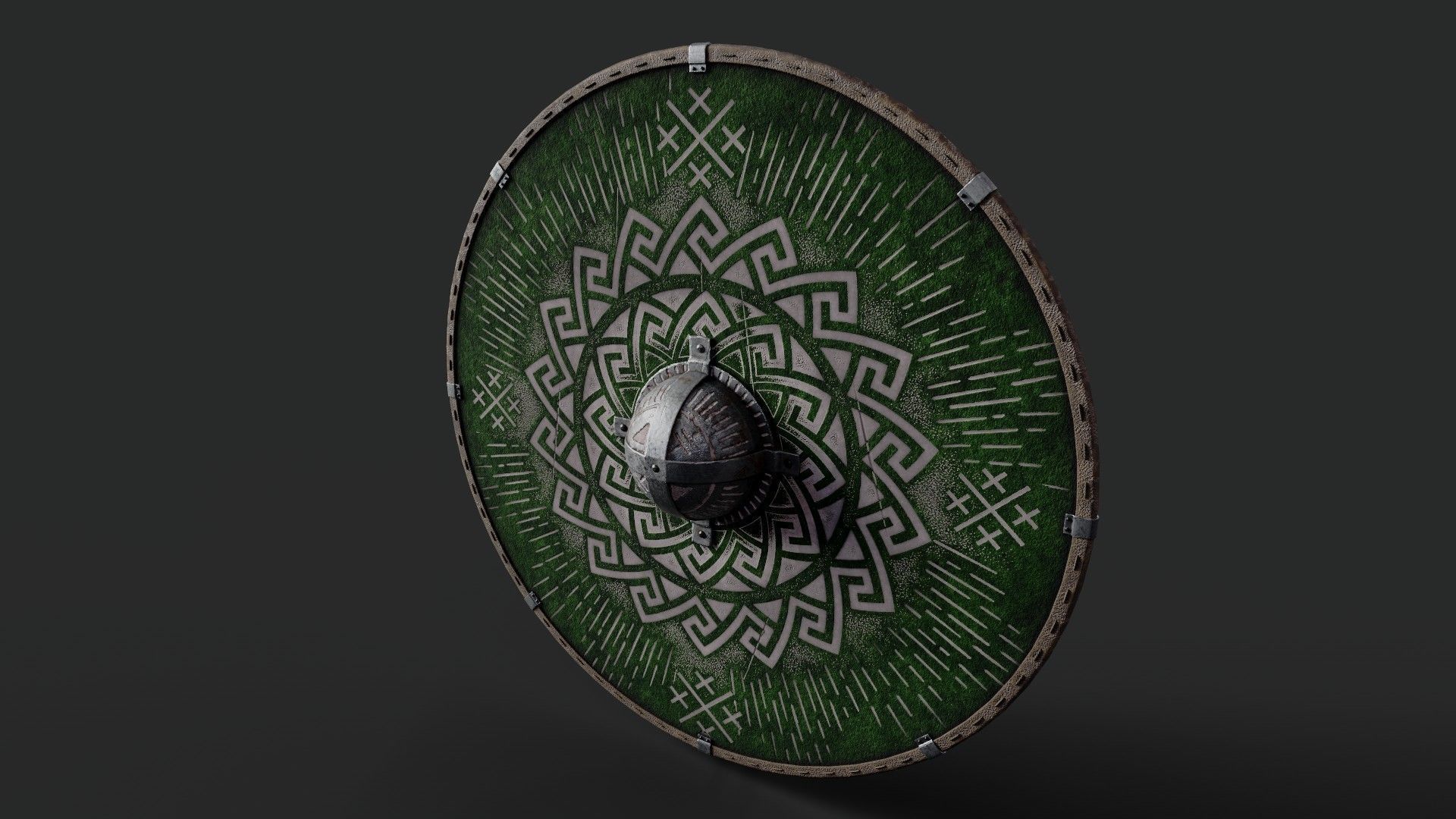 Slavic round leather shield-painted green with pagan symbol Low-poly 3D model_5