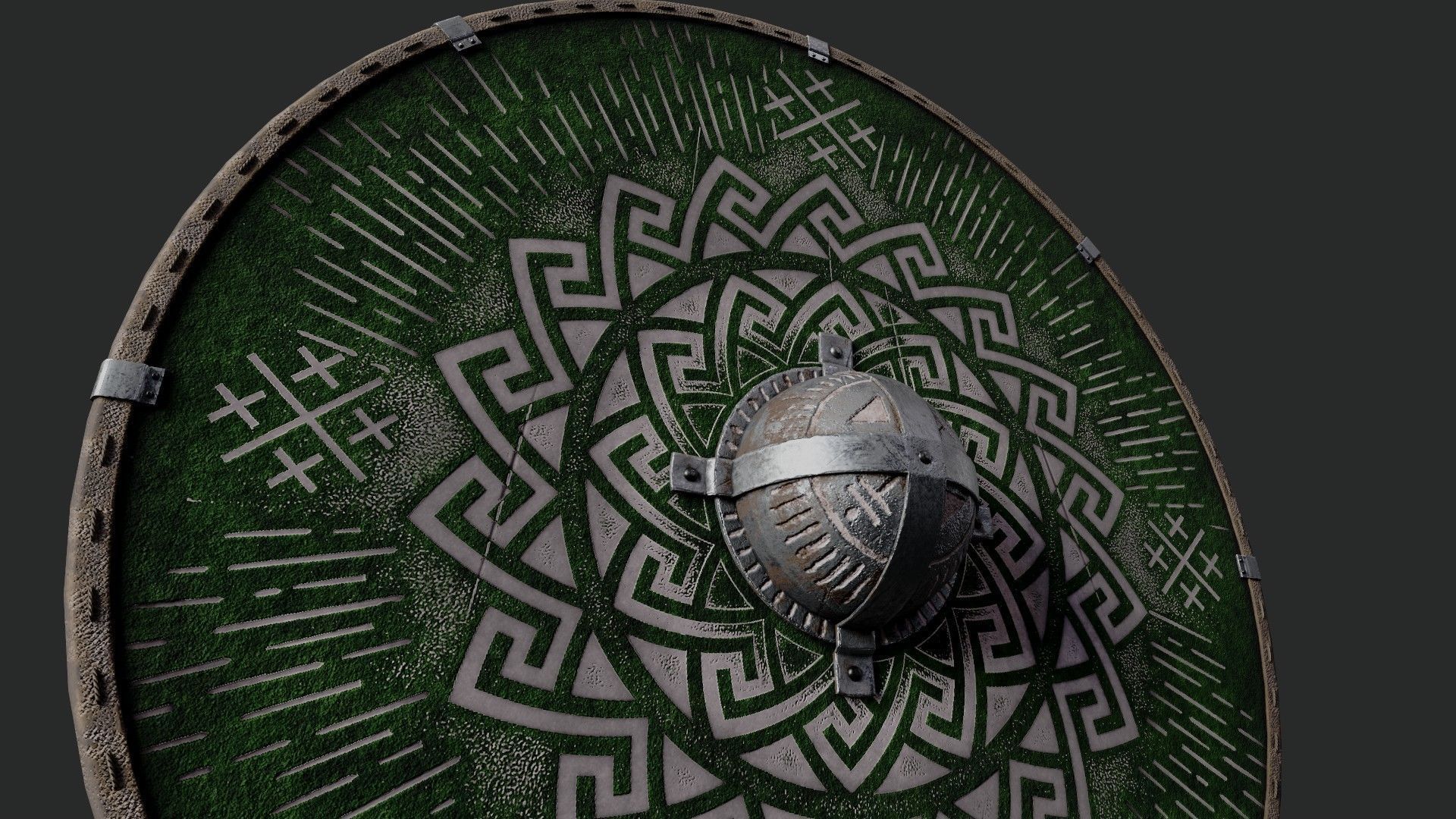 Slavic round leather shield-painted green with pagan symbol Low-poly 3D model_4