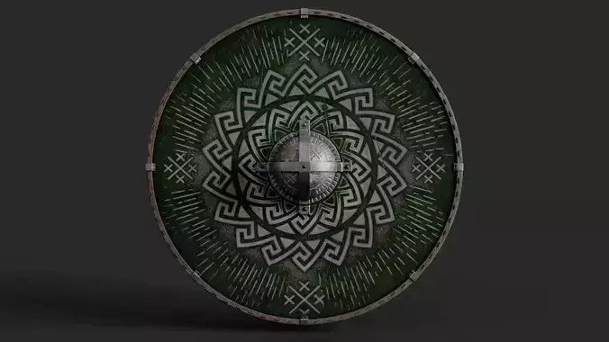 Slavic round leather shield-painted green with pagan symbol Low-poly 3D model