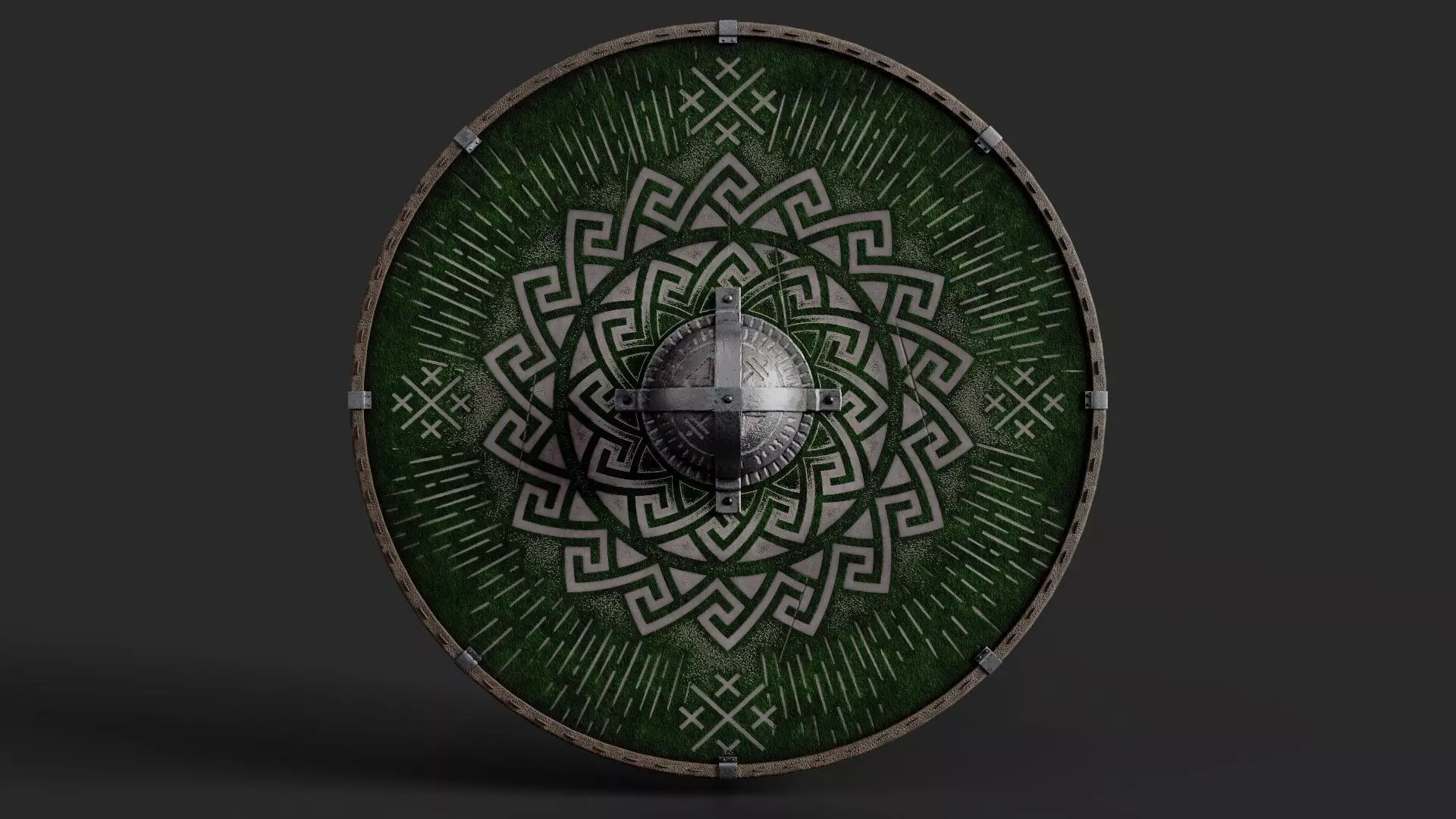 Slavic round leather shield-painted green with pagan symbol Low-poly 3D model_0