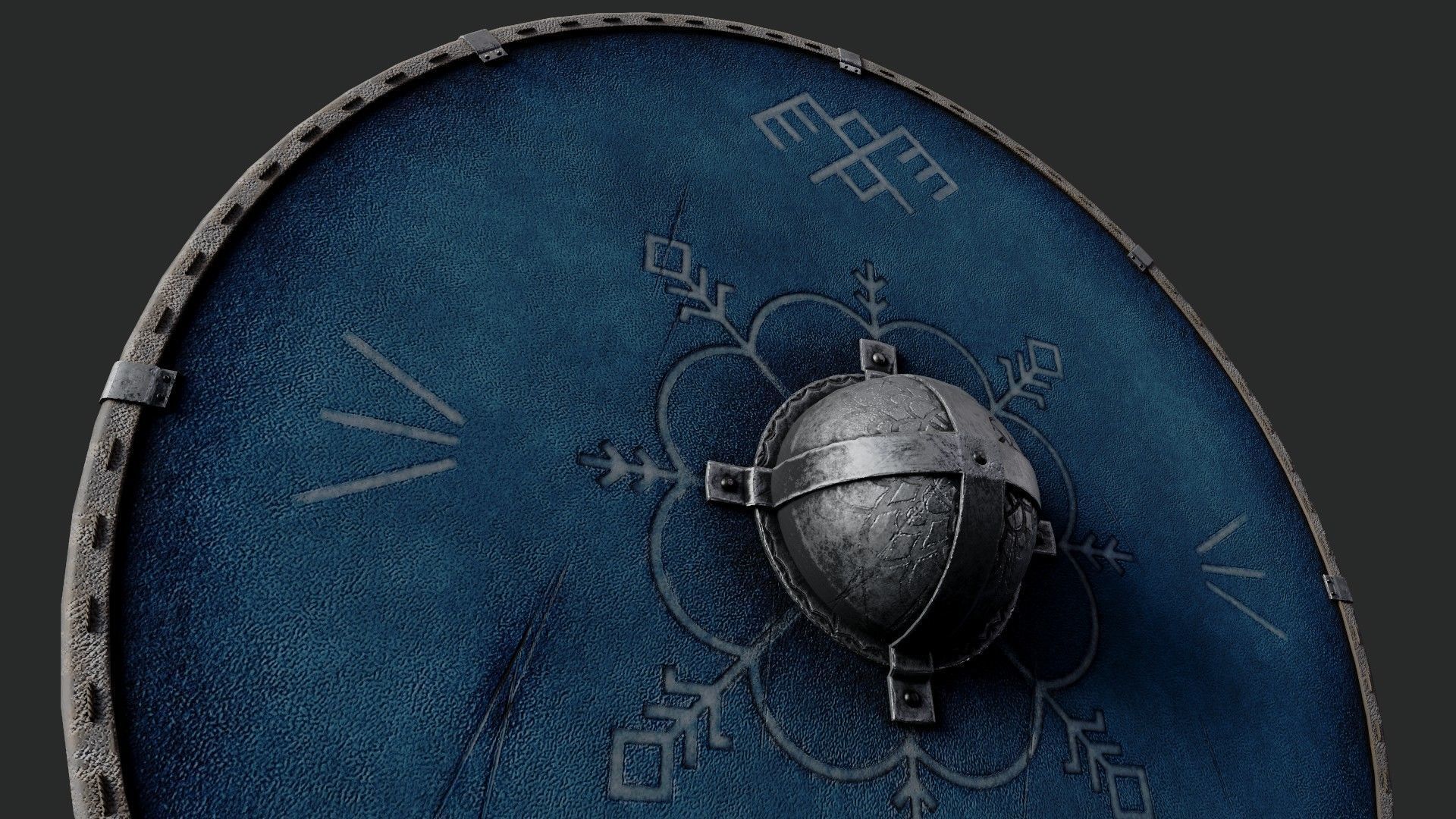 Slavic round leather shield-painted blue with pagan symbol Low-poly 3D model_4