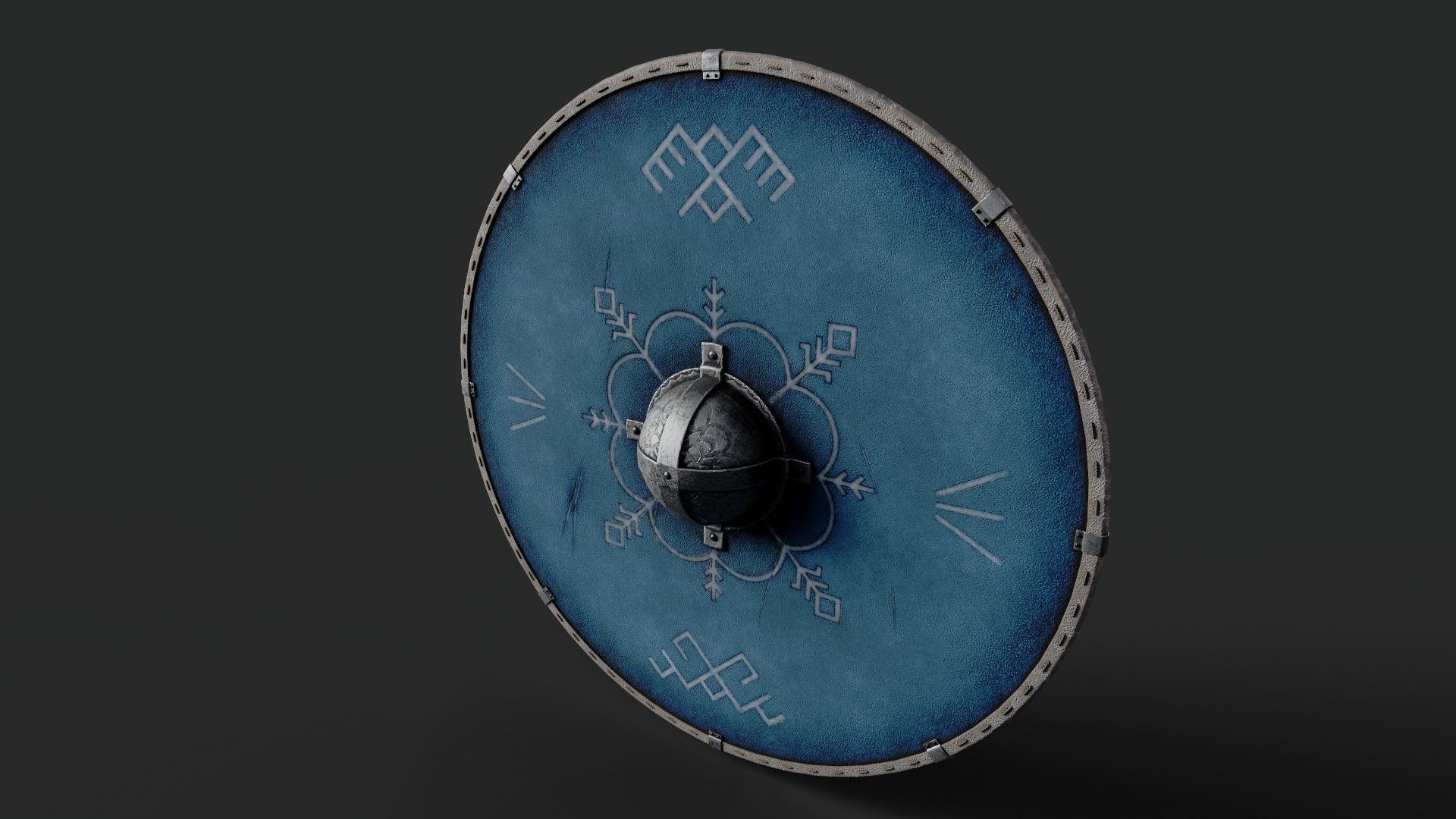Slavic round leather shield-painted blue with pagan symbol Low-poly 3D model_5