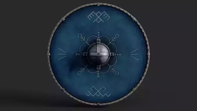 Slavic round leather shield-painted blue with pagan symbol Low-poly 3D model