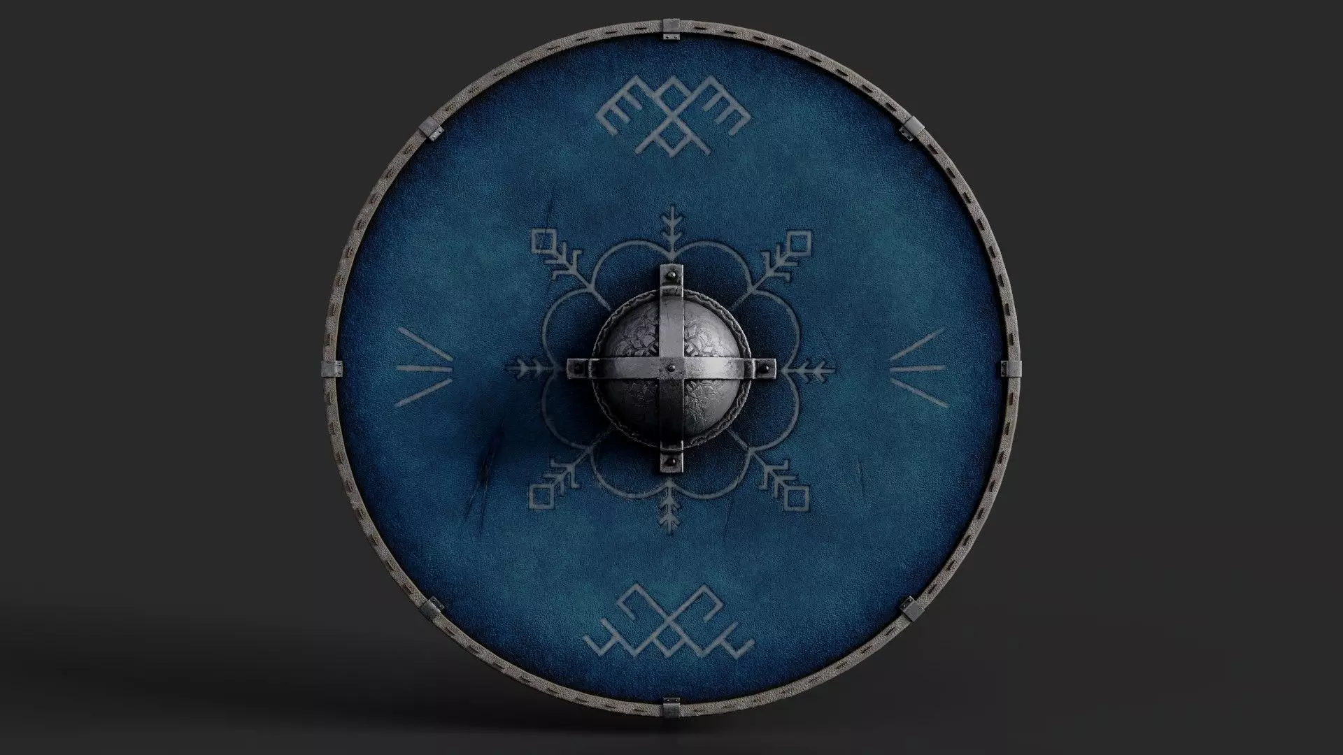 Slavic round leather shield-painted blue with pagan symbol Low-poly 3D model_0