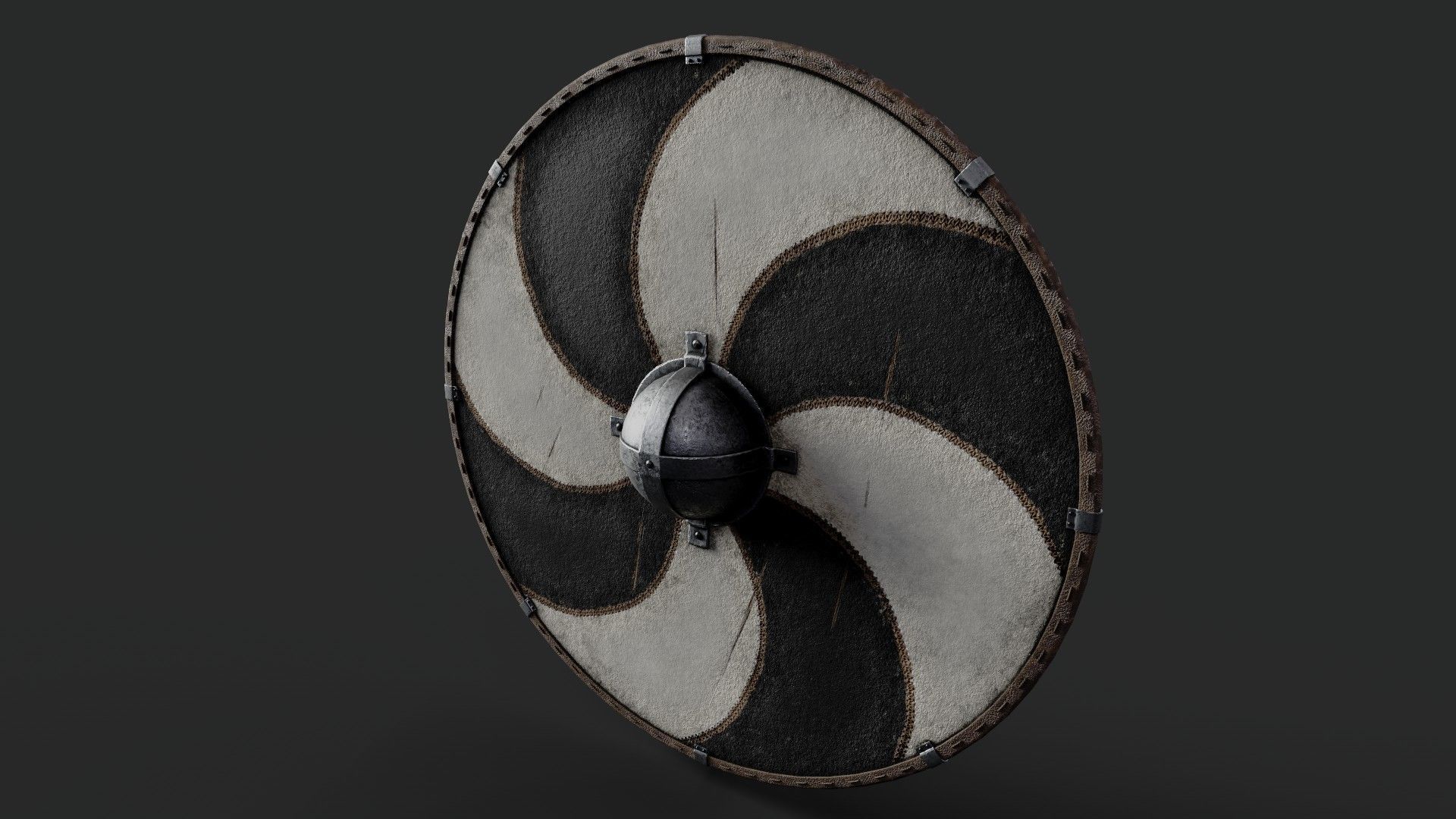 Slavic round leather shield-painted black and white sun wheel Low-poly 3D model_5