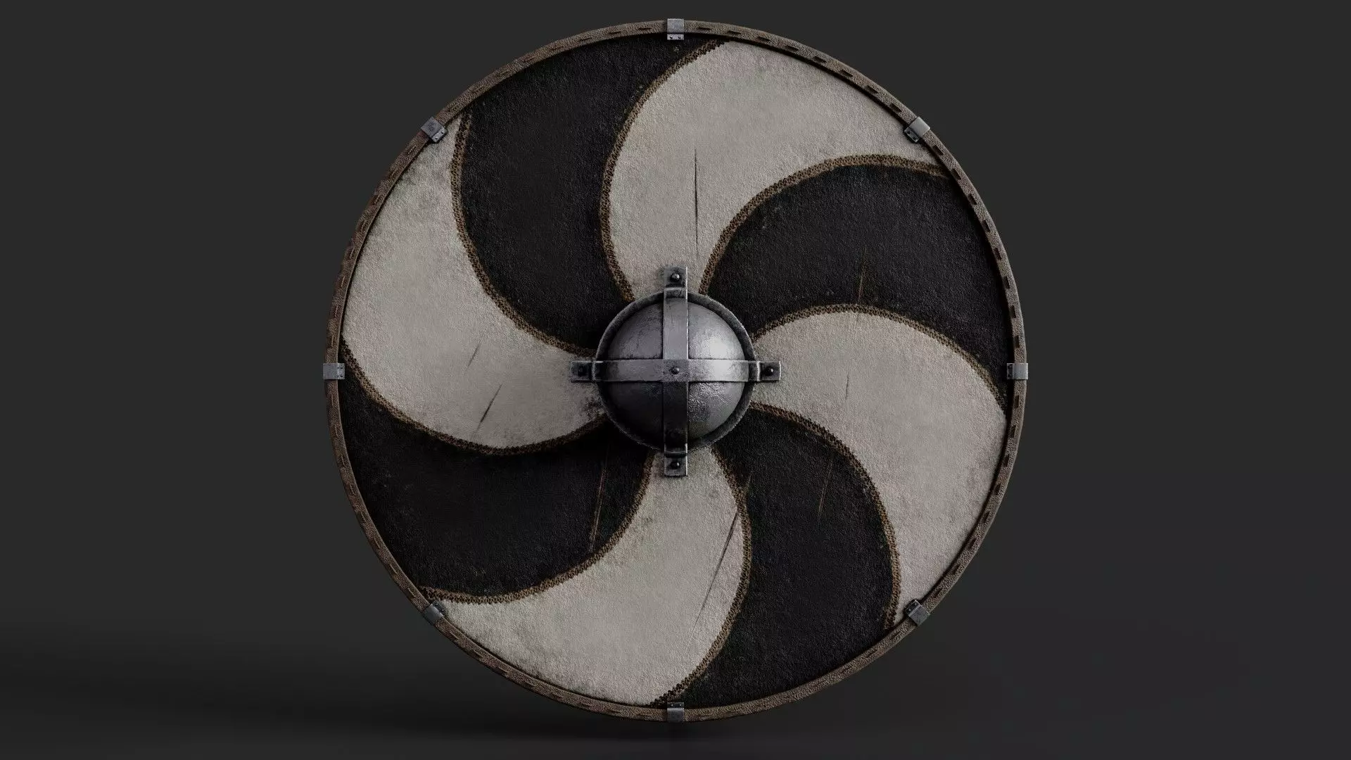 Slavic round leather shield-painted black and white sun wheel Low-poly 3D model_0
