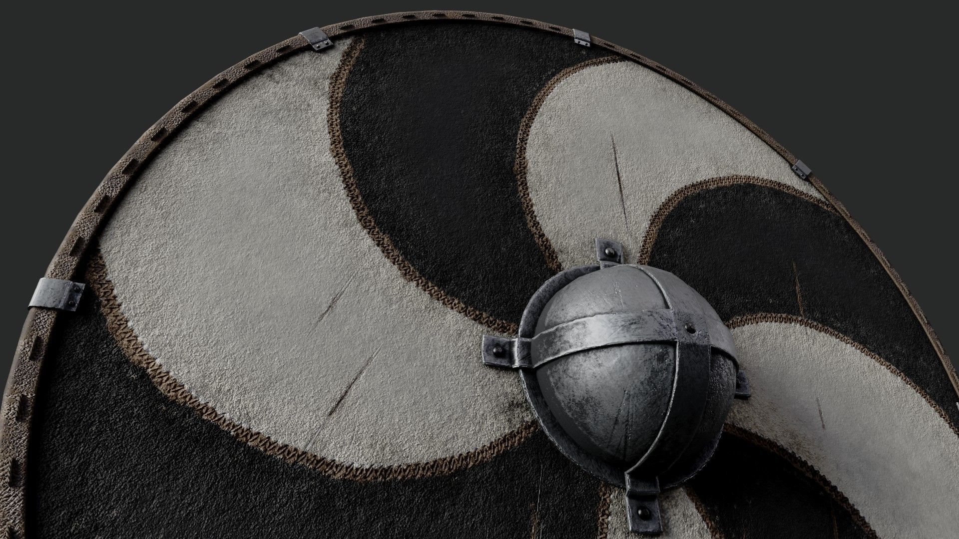 Slavic round leather shield-painted black and white sun wheel Low-poly 3D model_4